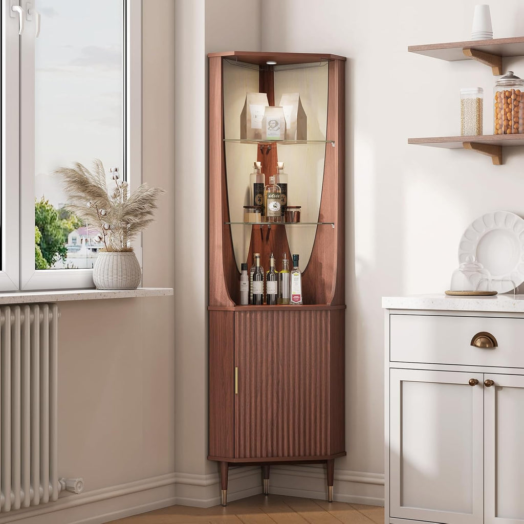 JOINICE 70' Tall Corner Cabinet,Mid Century Modern Cabinet with Doors,Fluted Corner Bar Cabinet with Glass Holder,Lights and Storage Shelves,Wine Bar Cabinet for Liquor, Living Room, Kitchen, Walnut