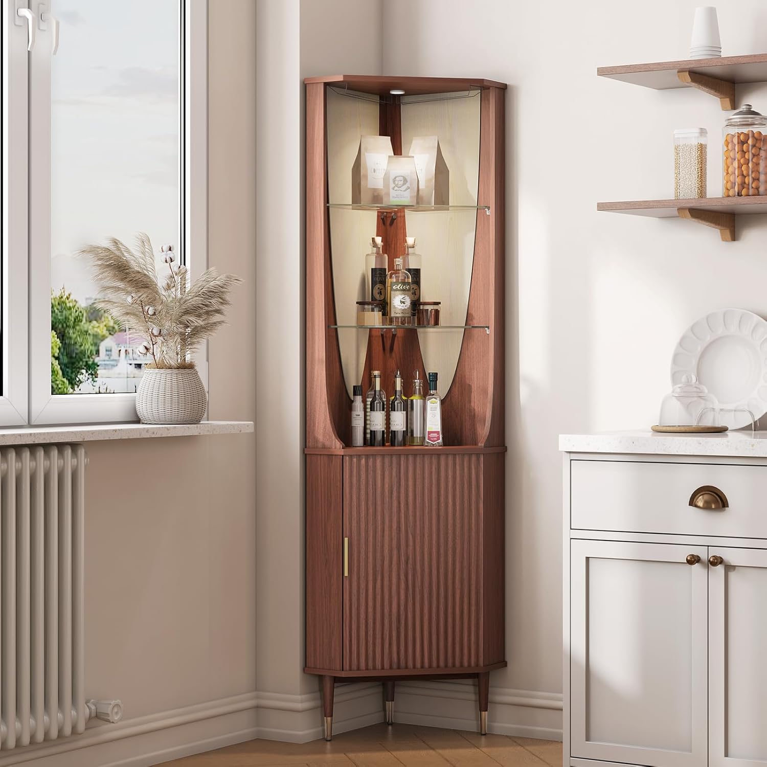 JOINICE 70' Tall Corner Cabinet,Mid Century Modern Cabinet with Doors,Fluted Corner Bar Cabinet with Glass Holder,Lights and Storage Shelves,Wine Bar Cabinet for Liquor, Living Room, Kitchen, Walnut