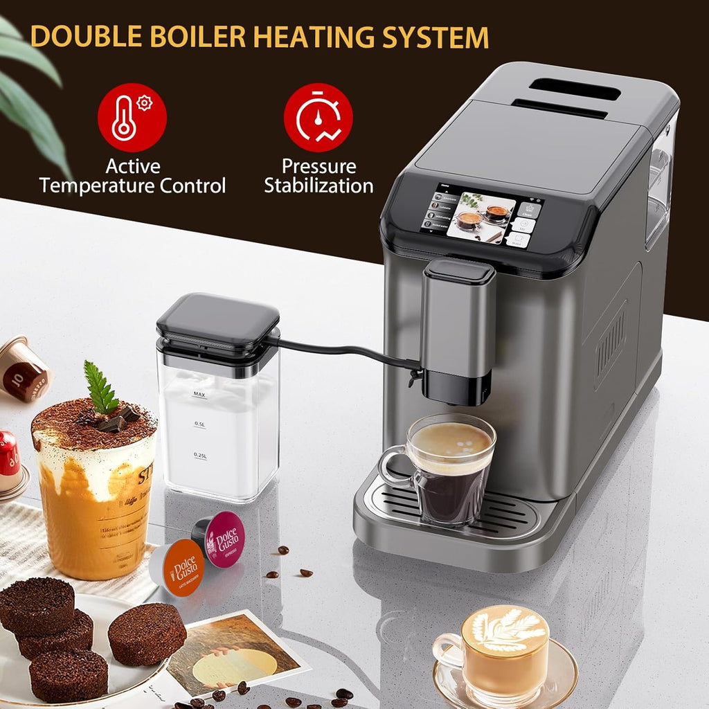 Super Automatic Espresso Machine & Coffee Maker, 20Bar Pressure, Built-in Conical Burr Grinder & Milk Frother, 6 One-Touch Recipes, Auto Clean, 1.5l Water Tank, for Home Office, 120v, Grey
