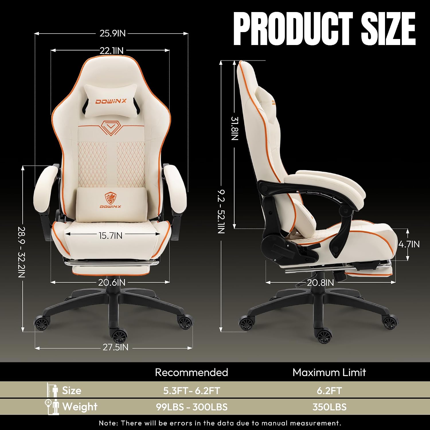 Dowinx Big and Tall Gaming Chair 350LBS, Racing Style Ergonomic Computer Chair with Side-Mounted Recline Control, Footrest & Massage Lumbar, High Back Chair with Embroidered Design for Gaming or Work