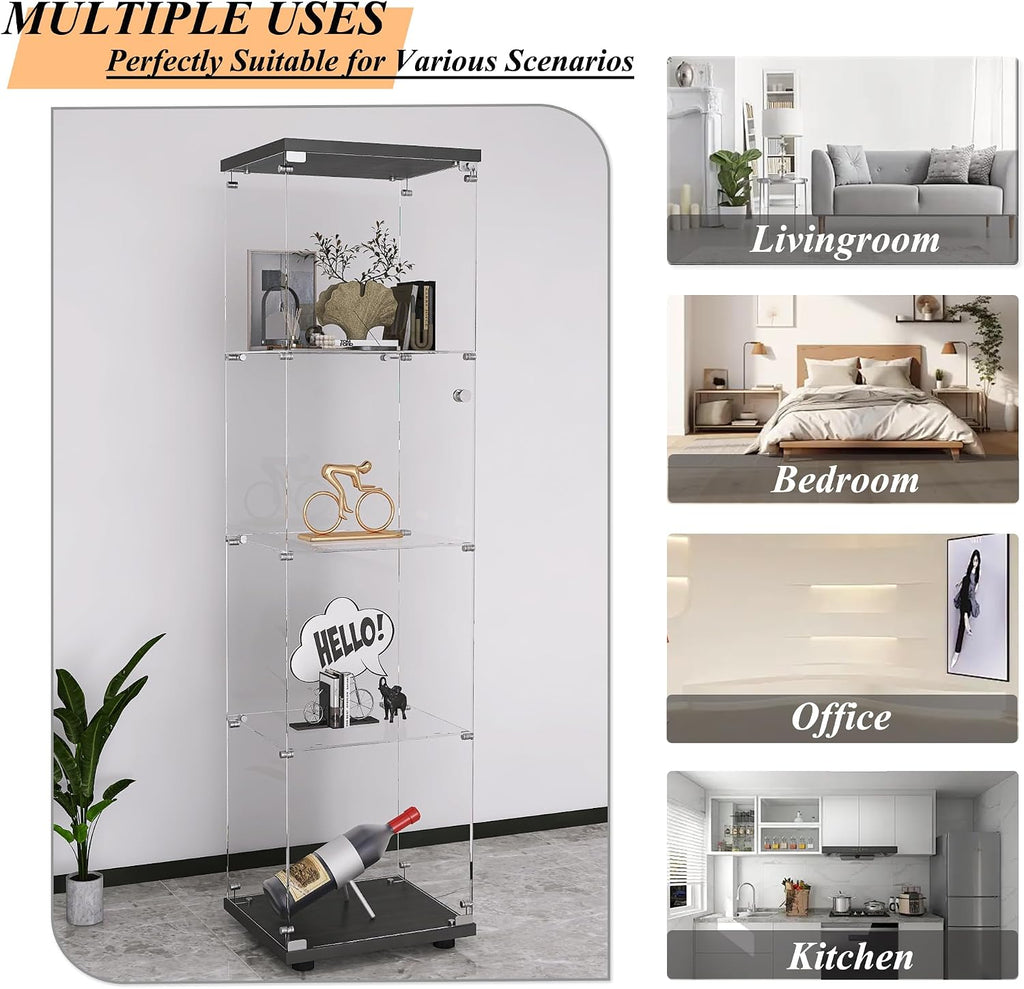 Glass Display Cabinet 4-Shelf with Door and Lock,Curio Cabinets Upgraded Quick-Install Storage Cabinet,Glass Floor Standing Bookshelf for Bedroom,Living Room,Office 16.7'Wx14.4'Dx64'H (Black)
