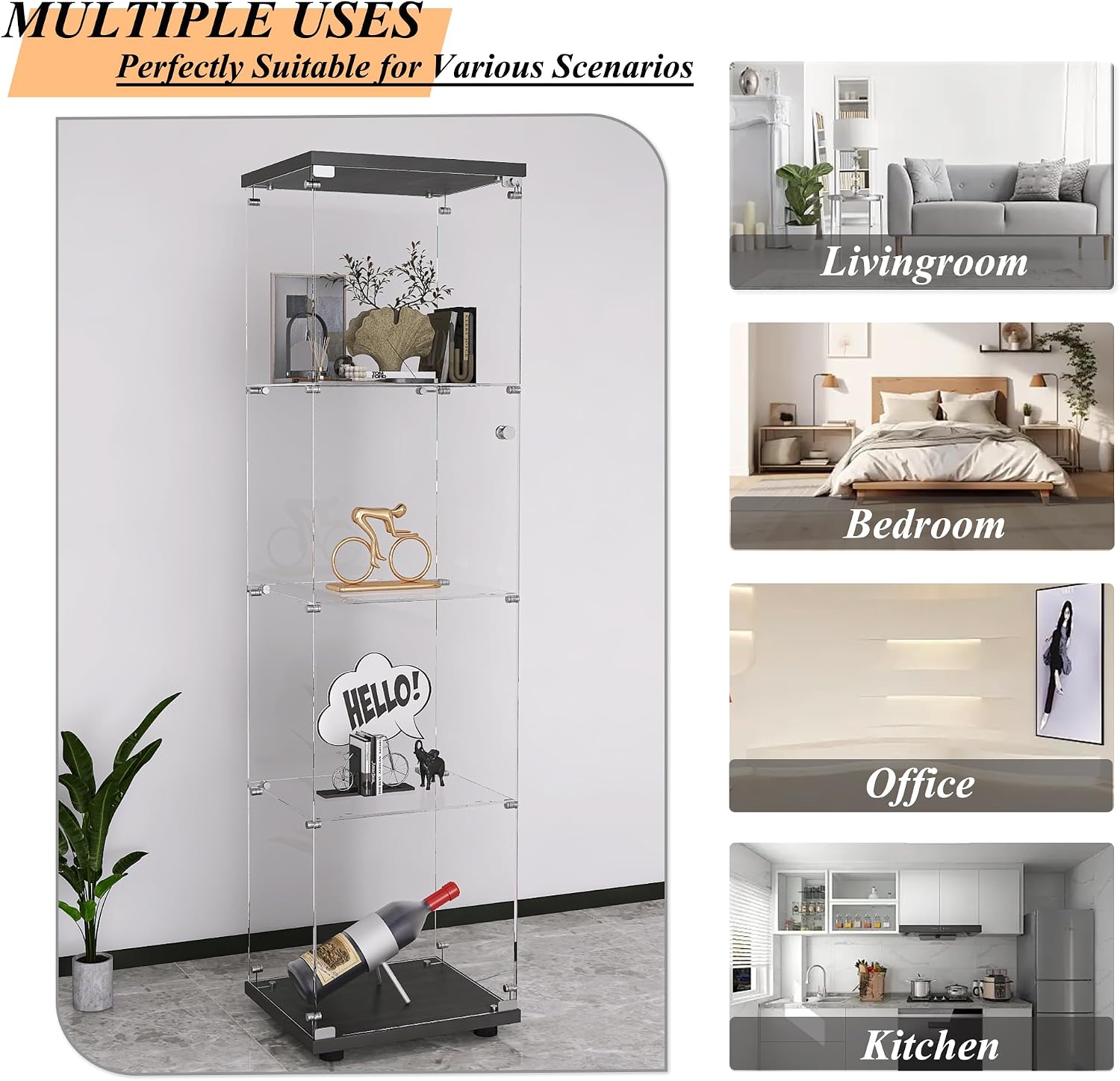Glass Display Cabinet 4-Shelf with Door and Lock,Curio Cabinets Upgraded Quick-Install Storage Cabinet,Glass Floor Standing Bookshelf for Bedroom,Living Room,Office 16.7'Wx14.4'Dx64'H (Black)