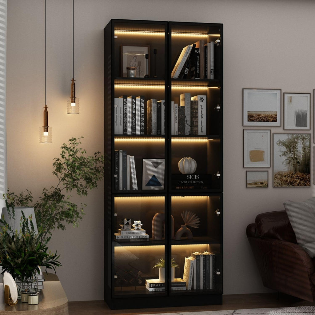 Display Cabinet with 4 Glass Doors and Lights, 5-Tier Storage Shelves, Pop-up Design, Trophy Case Display Cabinet for Collectibles, Black (31.5'W x 14.2'D x 78.7'H)