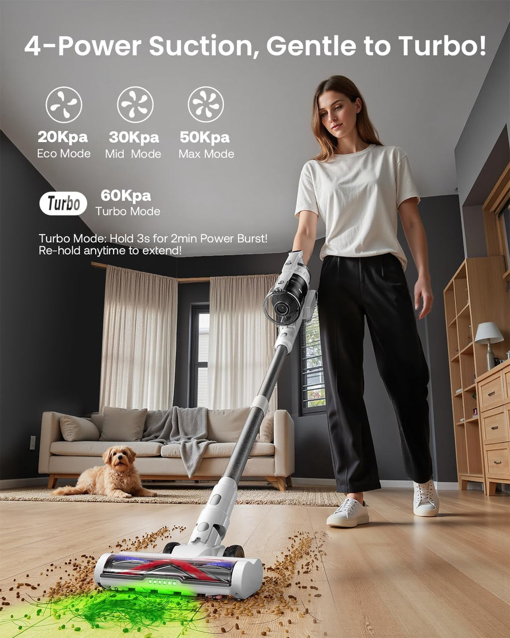 Cordless Vacuum Cleaner for Home, Upgraded 60Kpa Powerful Suction Pet Hair Vacuum with 70min Runtime, Green LED Light for Hardwood Floors & Carpet, Self-Standing Rechargeable Stick Vacuum, Grey-white