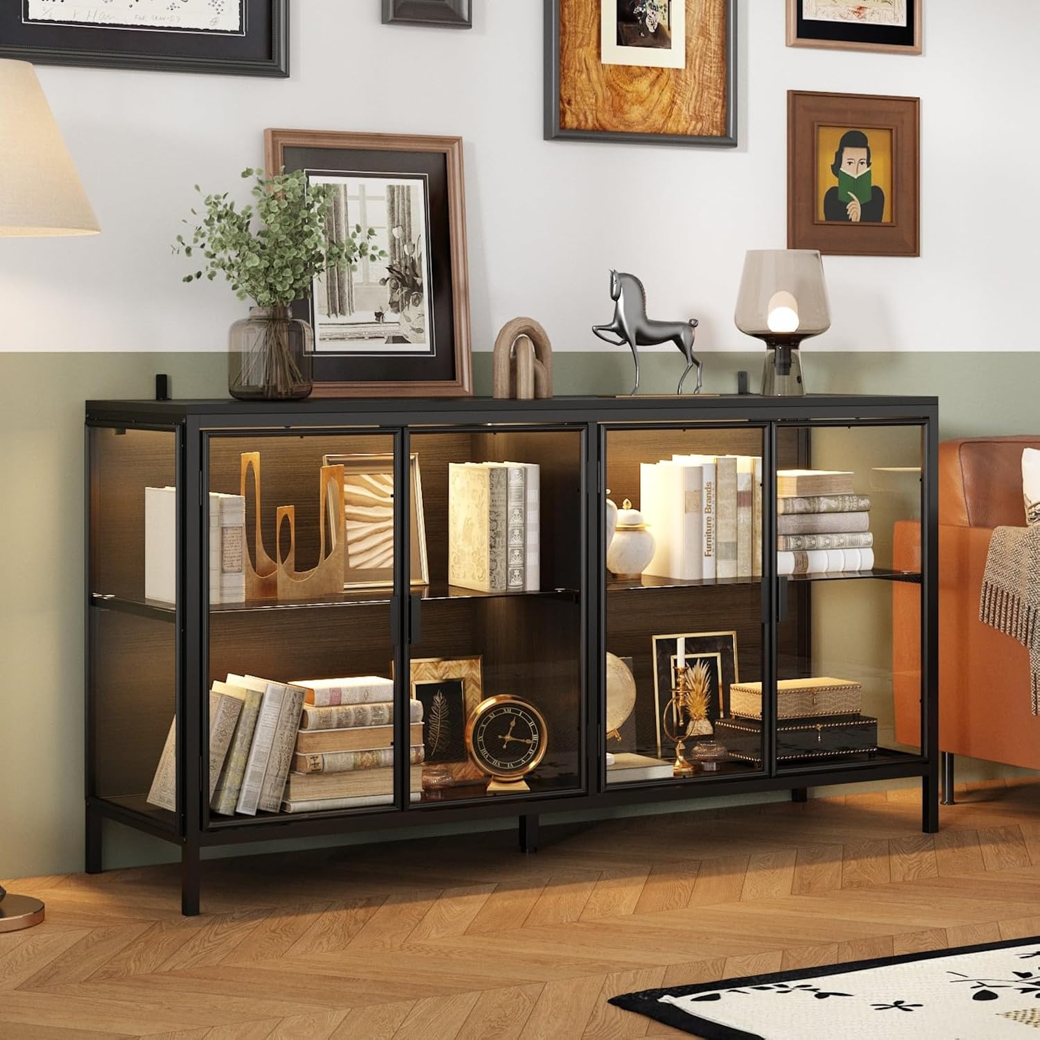 Display Cabinet with Glass Doors & LED Lights, Sideboard Buffet Cabinet with Glass Shelves & Metal Frame, for Living Room Black, 55.1'W x 15.7'D x 29.5'H