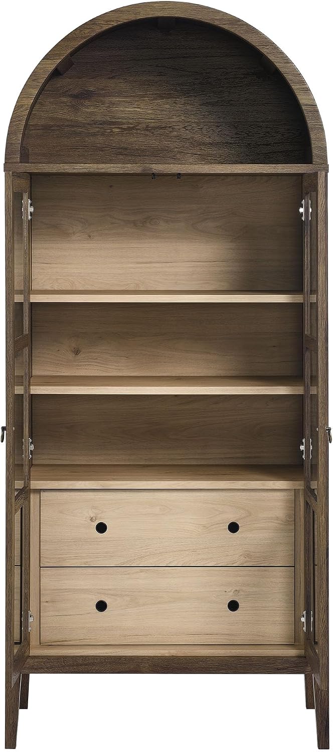 Modway Nolan Modern Farmhouse 71 Inch Tall Arched Storage Display Cabinet in Walnut Hickory Wood Grain - 4-Tier Bookcase with Glass Doors and Shelves - Arch Accent Cabinet for Living Room