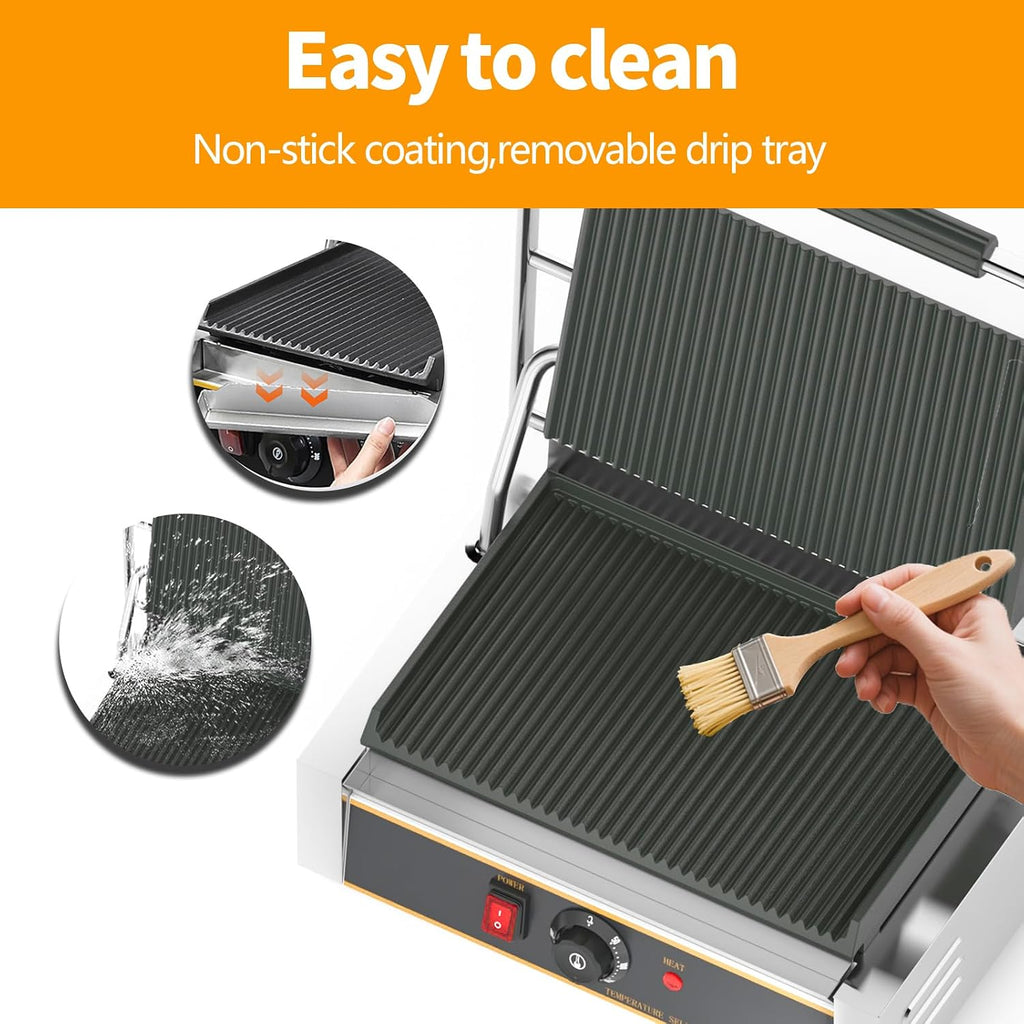 Commercial Panini Press - 2200W Commercial Electric Panini Sandwich Grill w/Nonstick Coating & Adjustable Temp, Panini Grill Press w/ 14'x9' Cooking Pan, Double-sided Heating