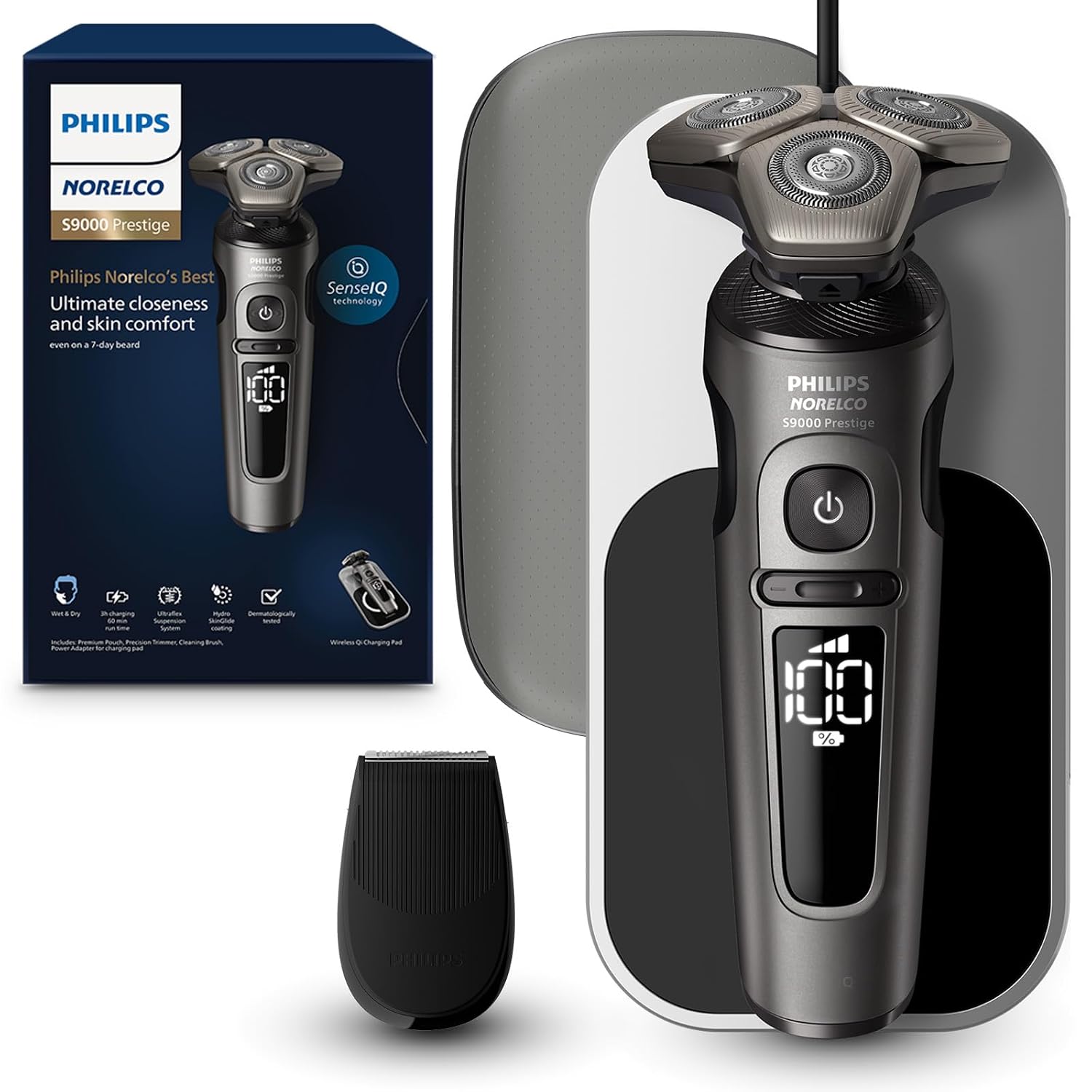 Philips Norelco S9000 Prestige Electric Shaver with Qi-Charger, Precision Trimmer and Premium Case, SP9872/86