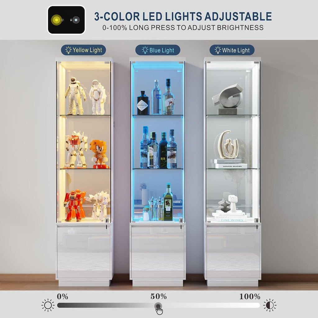 HNEBC Corner Glass Display Cabinet with Lockable&3 Color Lights for Living Room White, Curio Cabinet with Adjustable Glass Shelf for Liquor Figurine Bookcase for Living Room