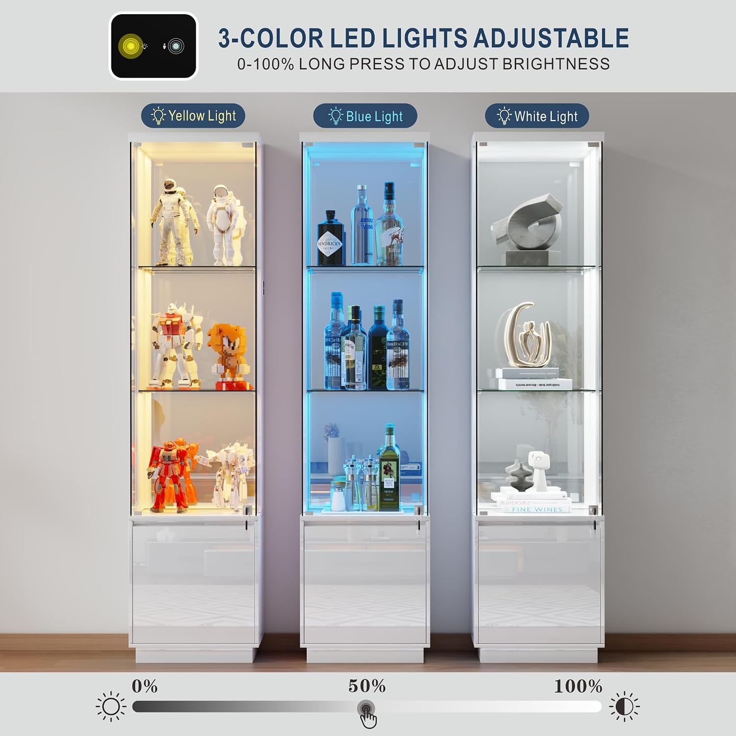 HNEBC Corner Glass Display Cabinet with Lockable&3 Color Lights for Living Room White, Curio Cabinet with Adjustable Glass Shelf for Liquor Figurine Bookcase for Living Room