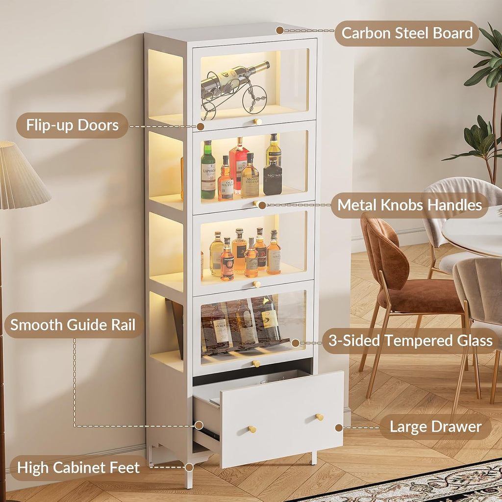 Display Cabinet with Glass Doors, 67' Metal Curio Cabinet with Drawer & 13-Color RGB LED Lights, 5-Tier Glass Display Case for Collectibles, Figure, Toys, Books, White