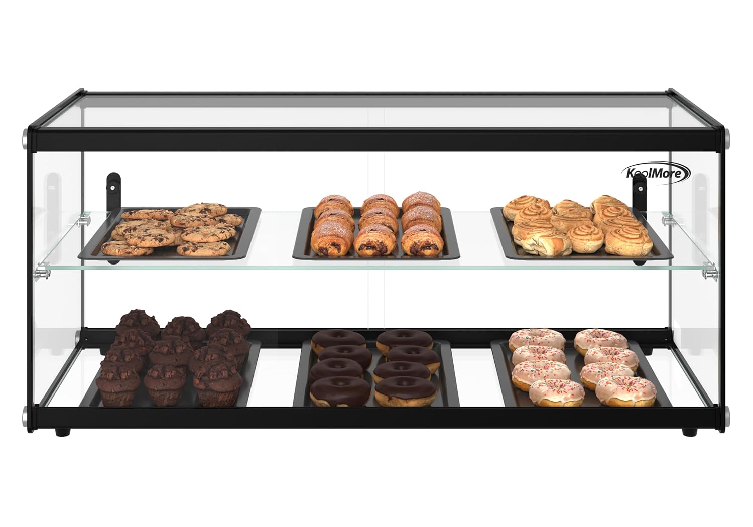 KoolMore 33 in. 2 Tiered Pastry Display Case with Glass Shelf and Sliding Door, 3.2 cu. ft. Capacity, ETL Listed (KM-DC-3CSBK)