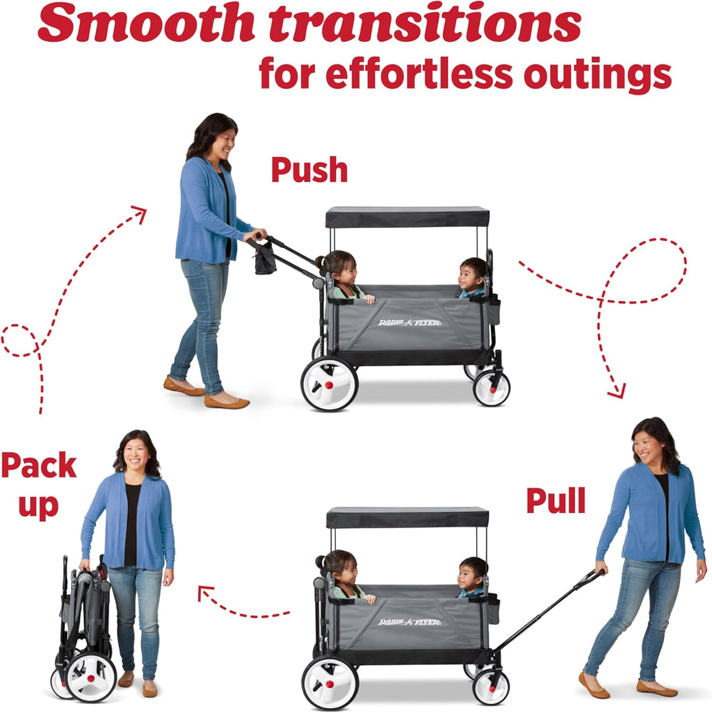 Radio Flyer City Luxe Stroll 'N Wagon, for Ages 1+, 3-in-1 Push or Pull, with Bench Mode, Easy Fold, UV Canopy, 5-Point Harnesses, Front Caster Wheels & 12' Rear Wheels, Stroller Wagon for Kids