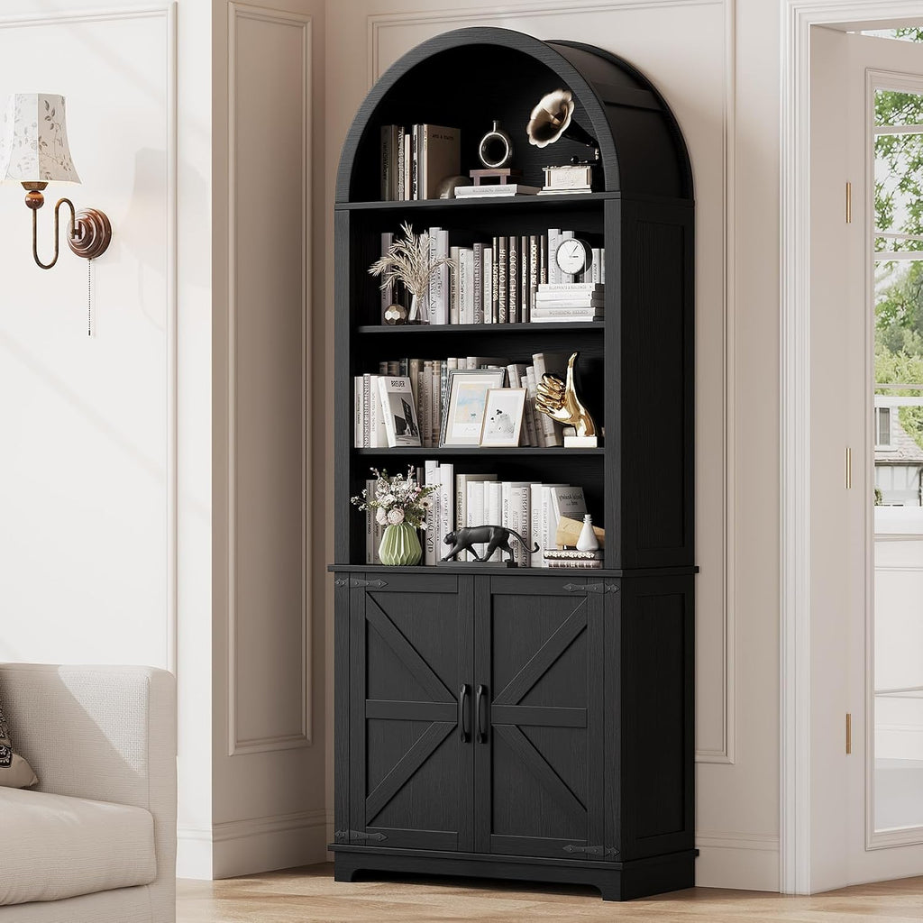 6-Tier Farmhouse Arched Bookcase with Doors, 70' Tall Wood Bookshelf with Storage,Open Shelves for Living Room or Office, Black, 1-Pack