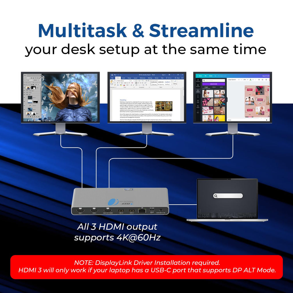 OREI DisplayLink Docking Station 3 Monitors – 3X 4K@60Hz HDMI – 6X USB (4X USB 3.0), Gigabit Ethernet, 100W PD, AUX – Triple Monitor Docking Station with Win & Mac Support
