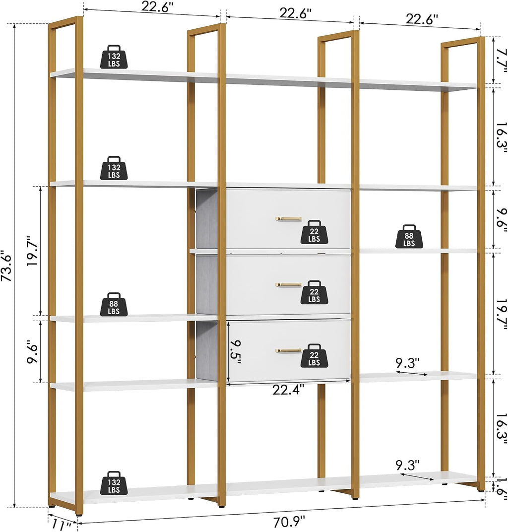 Nosepen 73.6' Tall Bookshelf with 3 Drawers and 16 Storage Shelves, Industrial Bookcase with 16 Open Display Shelves, Large Etagere Bookshelf, Triple Wide Book Shelf Book Case for Home & Office, Gold