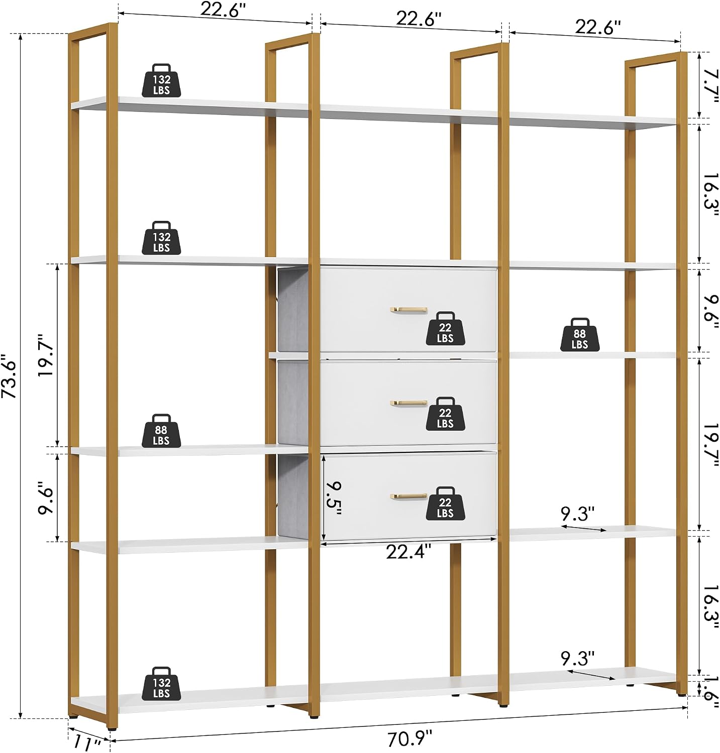 Nosepen 73.6' Tall Bookshelf with 3 Drawers and 16 Storage Shelves, Industrial Bookcase with 16 Open Display Shelves, Large Etagere Bookshelf, Triple Wide Book Shelf Book Case for Home & Office, Gold