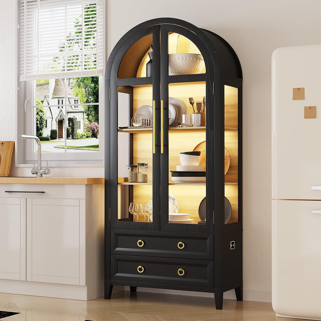LVSOMT 71' Tall Arched Storage Cabinet with Glass Doors and Drawers, Curio Display Cabinet with Adjustable LED Light & Human Sensor, 4-Tier China Cabinet for Living Room(Black+Wood)