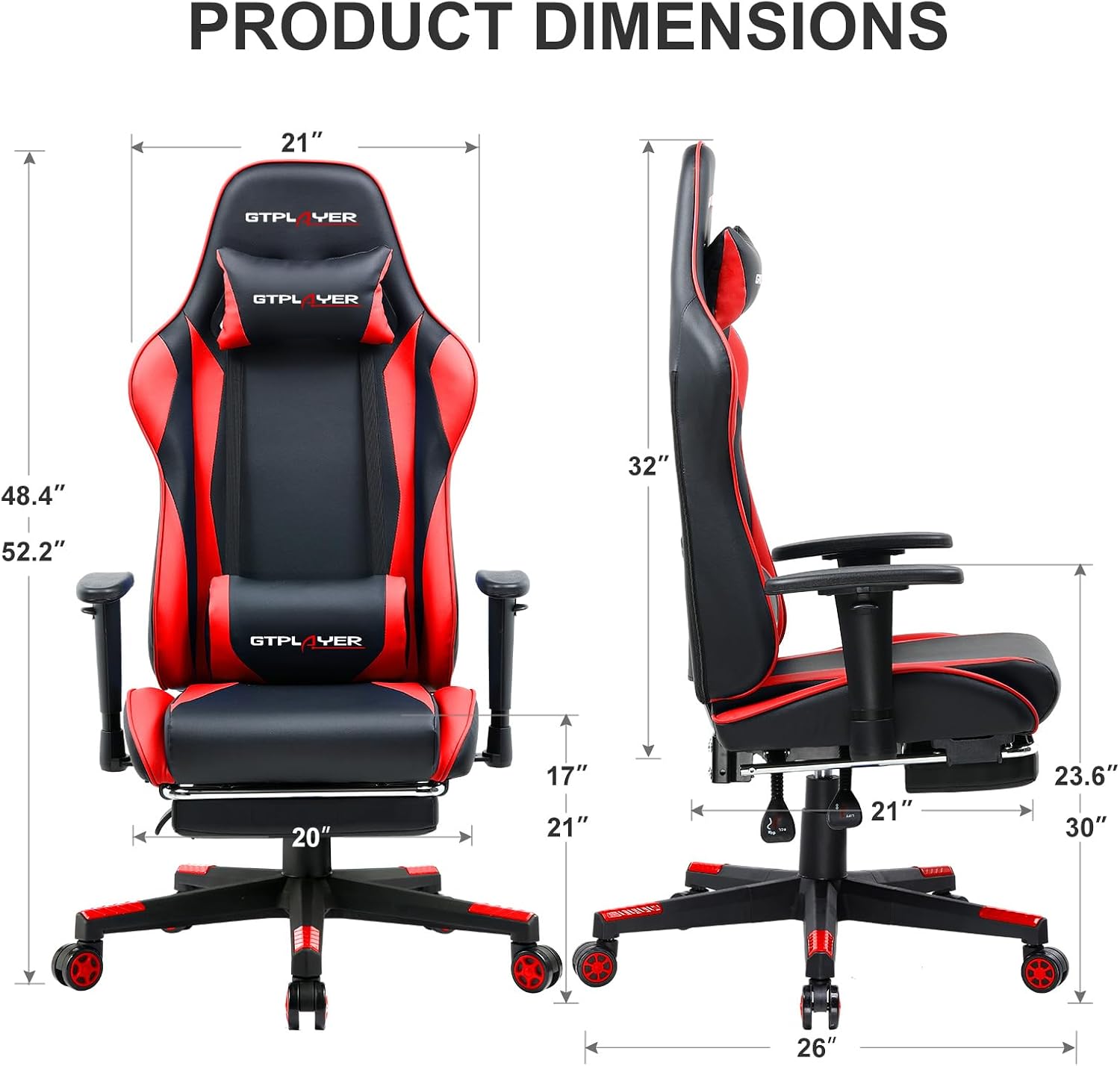 GTPLAYER Gaming Chair with Footrest, Ergonomic Computer Game Desk Chair, Reclining Game Chair Seat Height Adjustment, Swivel Rocker with Headrest and Lumbar (Red)