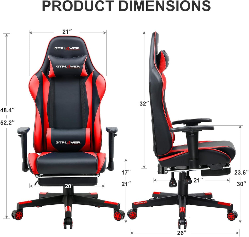 GTPLAYER Gaming Chair with Footrest, Ergonomic Computer Game Desk Chair, Reclining Gamer Chair Seat Height Adjustment, Swivel Rocker with Headrest and Lumbar (Brickred)