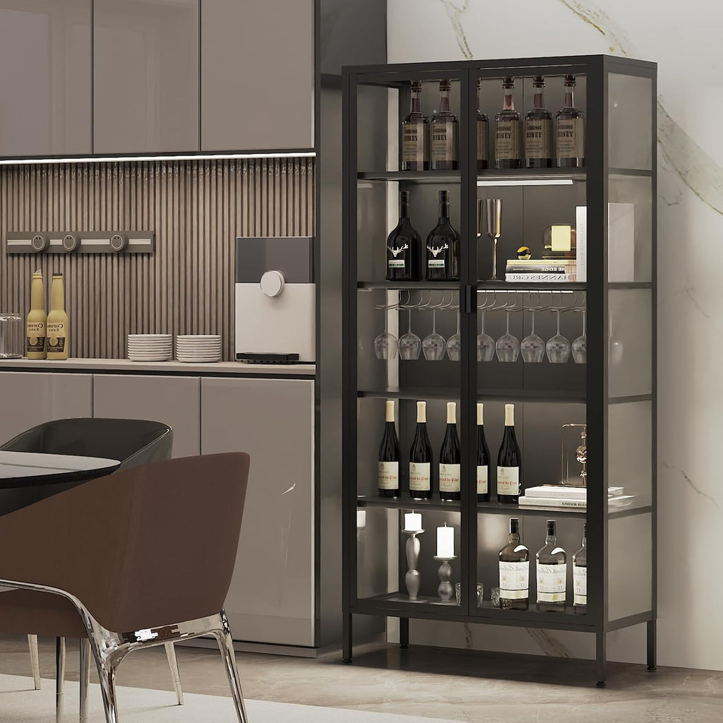 71' H Display Cabinet with Glass Doors,Display Case with LED Sensor Lights,Glass Display Cabinet with Adjustable Shelves and Feet,Display Cabinets for Living Room/Bedroom/Kitchen