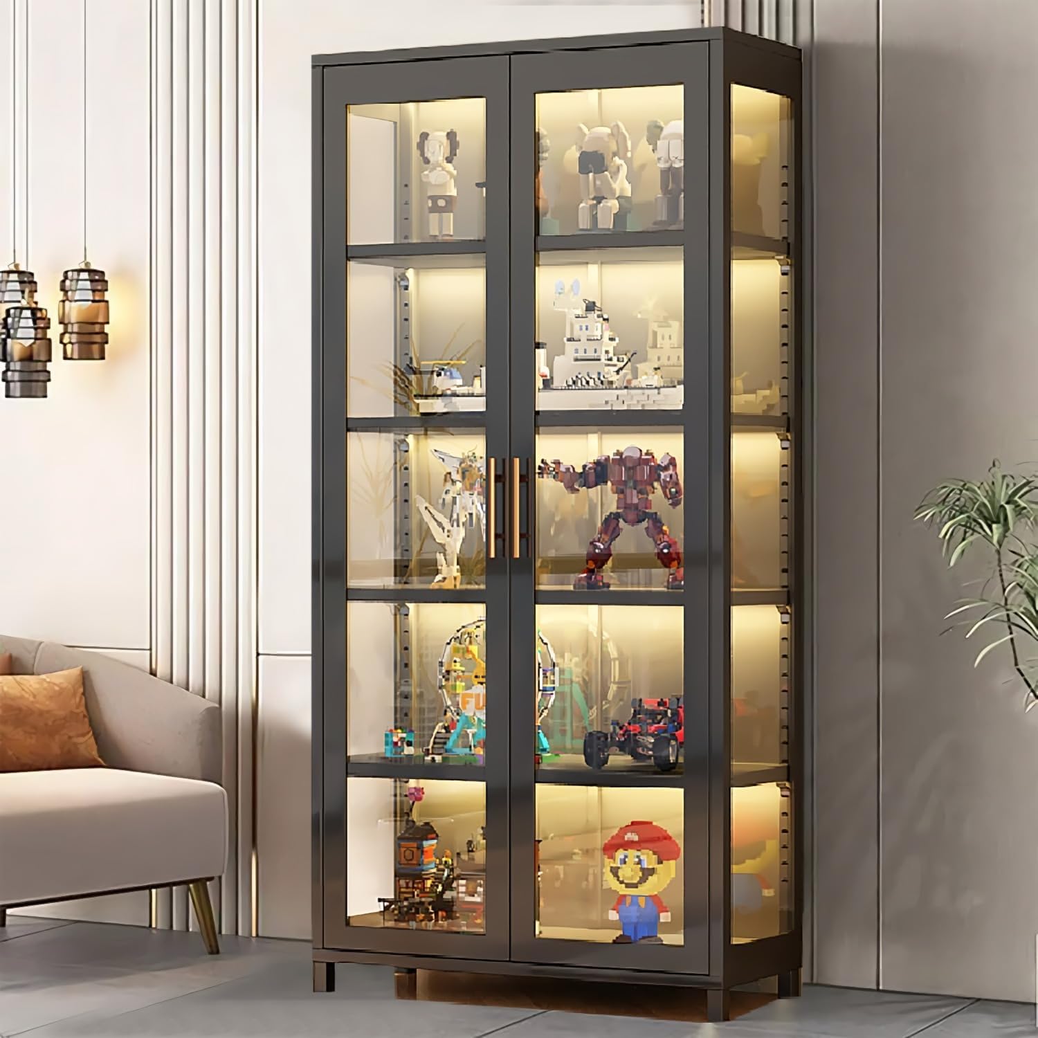5 Tier Glass Display Case, Display Cabinet with Glass Door, 67'Transparent Curio Case, Organizers Rack & Display Shelf, Kids Bookcase for Bedroom, Office, Playroom, Living Room.