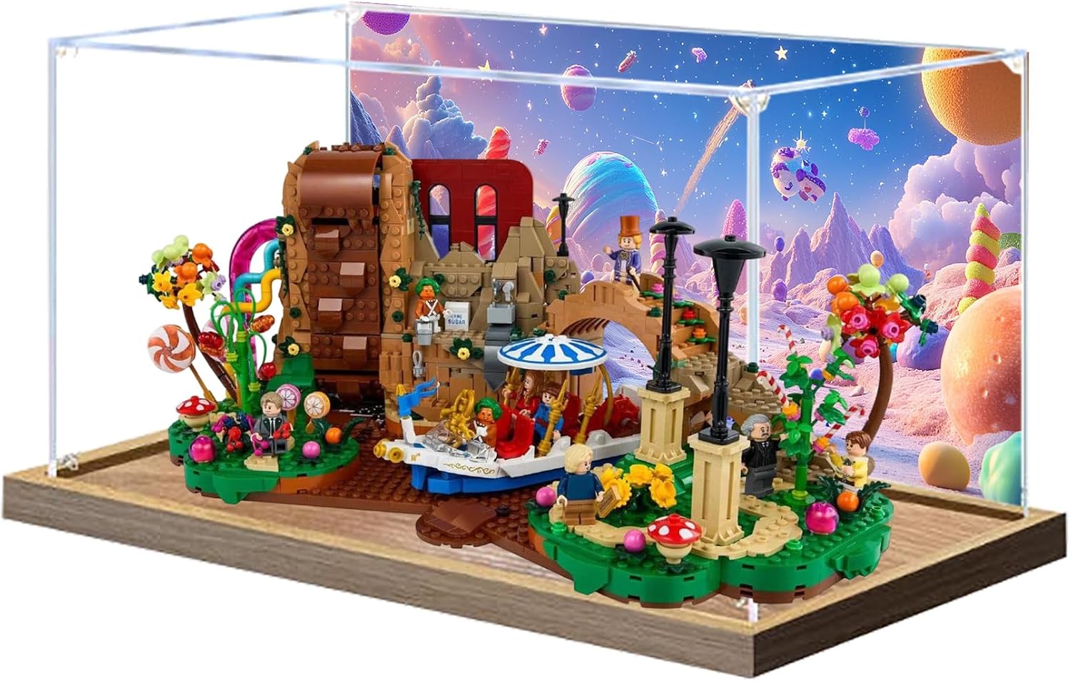 Acrylic Display Case for Lego 21360 Chocolate Factory Building Set– Dustproof Display Box & Showcase, Display Box Compatible with Lego 21360 -Only Display case (Back Spray Wooden Base)