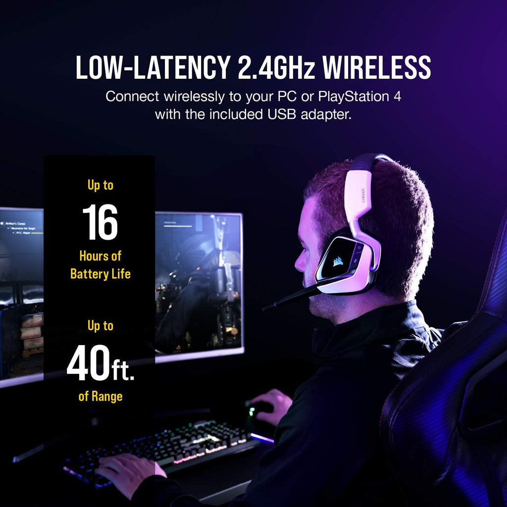 Corsair Void RGB Elite Wireless Gaming Headset – 7.1 Surround Sound – Omni-Directional Microphone – Microfiber Mesh Earpads – Up to 40ft Range – iCUE Compatible – PC, Mac, PS5, PS4 – White