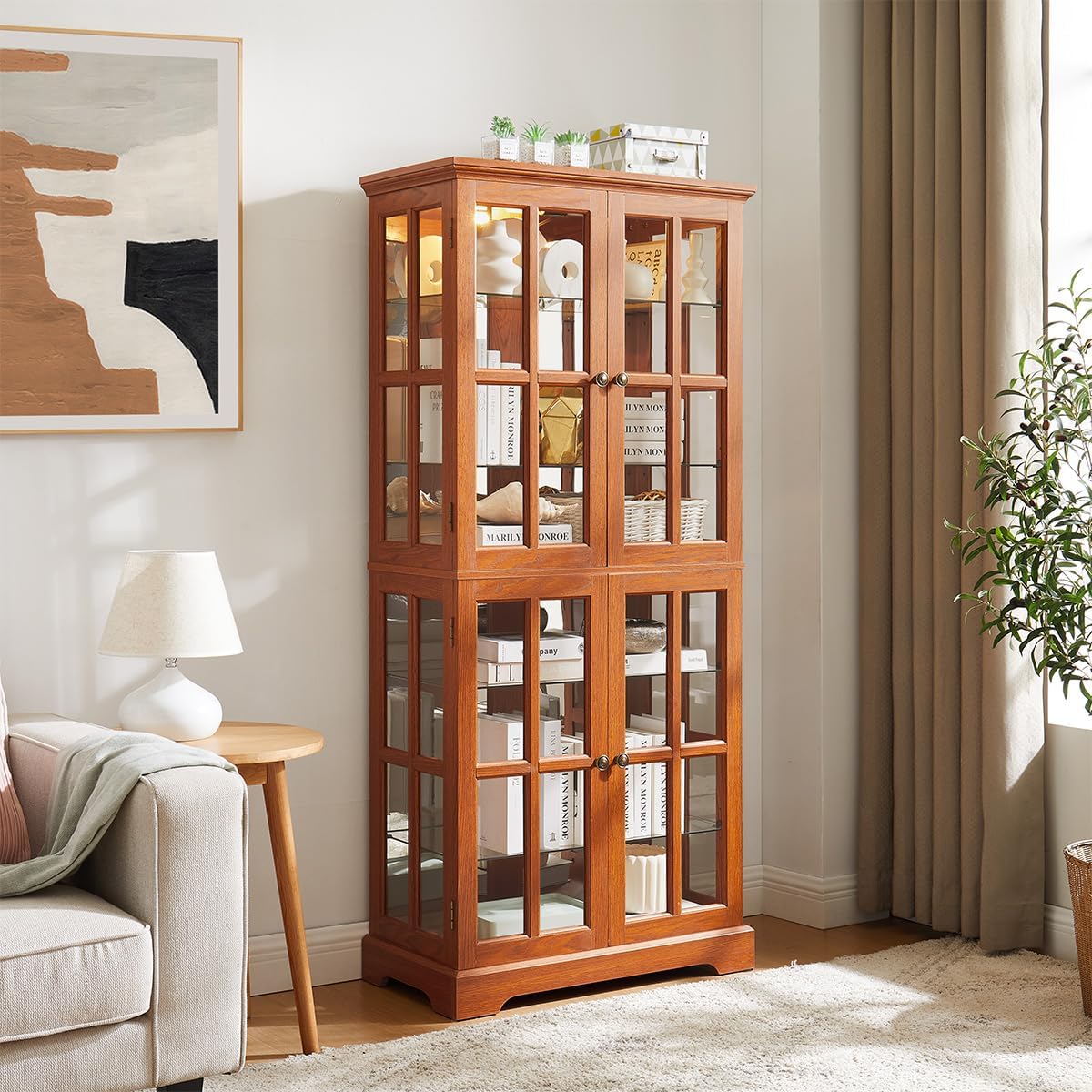 Lighted Glass Curio Cabinet with Lights & Adjustable Shelves,Curio Display Cabinet with Wood Frame & Glass Door,Corner Antique Display Case for Kitchen,Living Room,Office