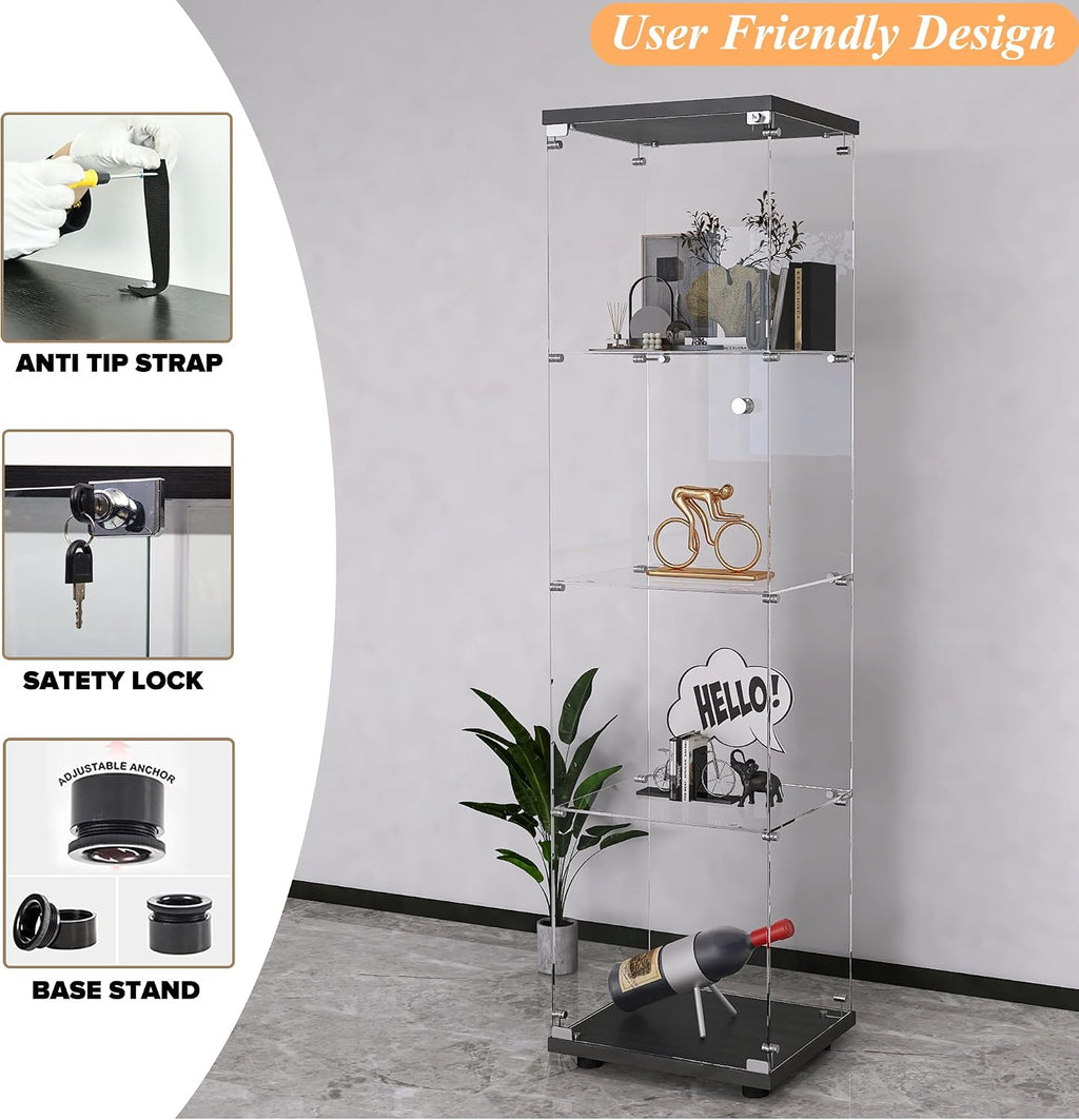 Glass Display Cabinet 4-Shelf with Door and Lock,Curio Cabinets Upgraded Quick-Install Storage Cabinet,Glass Floor Standing Bookshelf for Bedroom,Living Room,Office 16.7'Wx14.4'Dx64'H (Black)