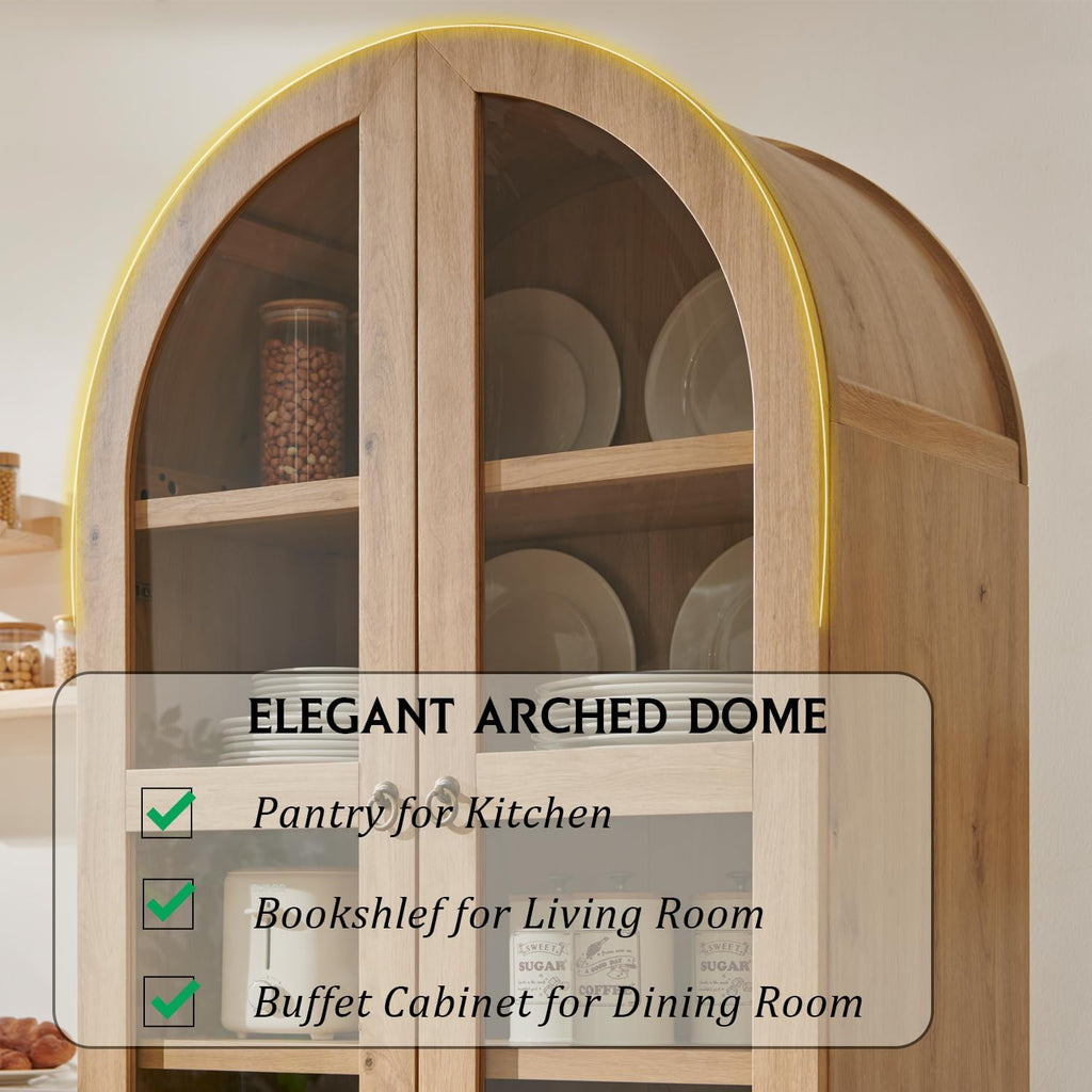 IFGET 71' Tall Arched Kitchen Pantry, Modern Farmhouse Wood Kitchens Storage Cabinets with 2 Large Drawers and Adjustable Shelves, Versatile Cupboard for Kitchen, Dining Room, Bathroom, Natrual