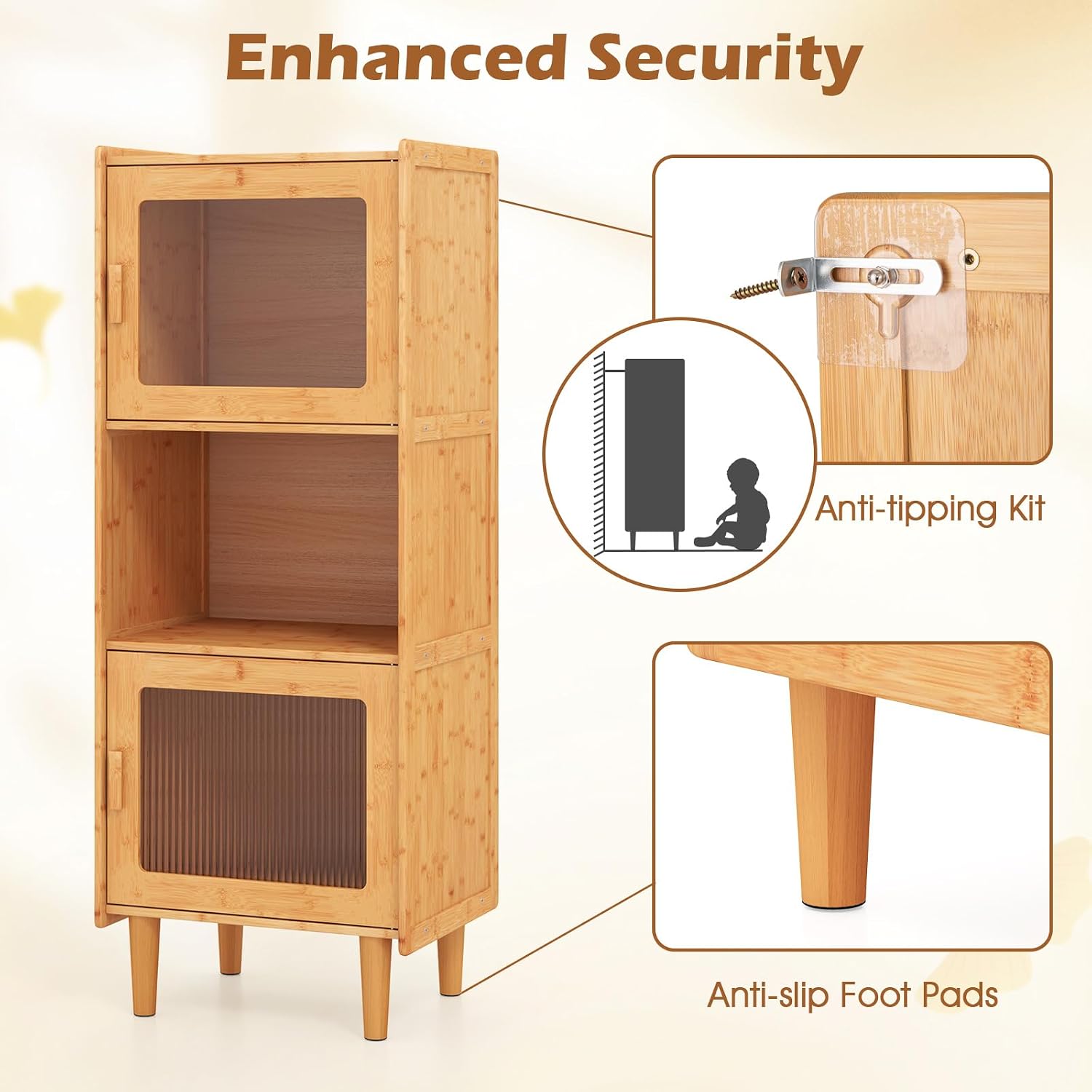 Giantex Set of 2 Bamboo Storage Cabinet, 3-Cube Bookcase, Freestanding Liquor Display Sideboard with 2 Single Doors, Corner Organizer for Living Room, Kitchen, Bathroom