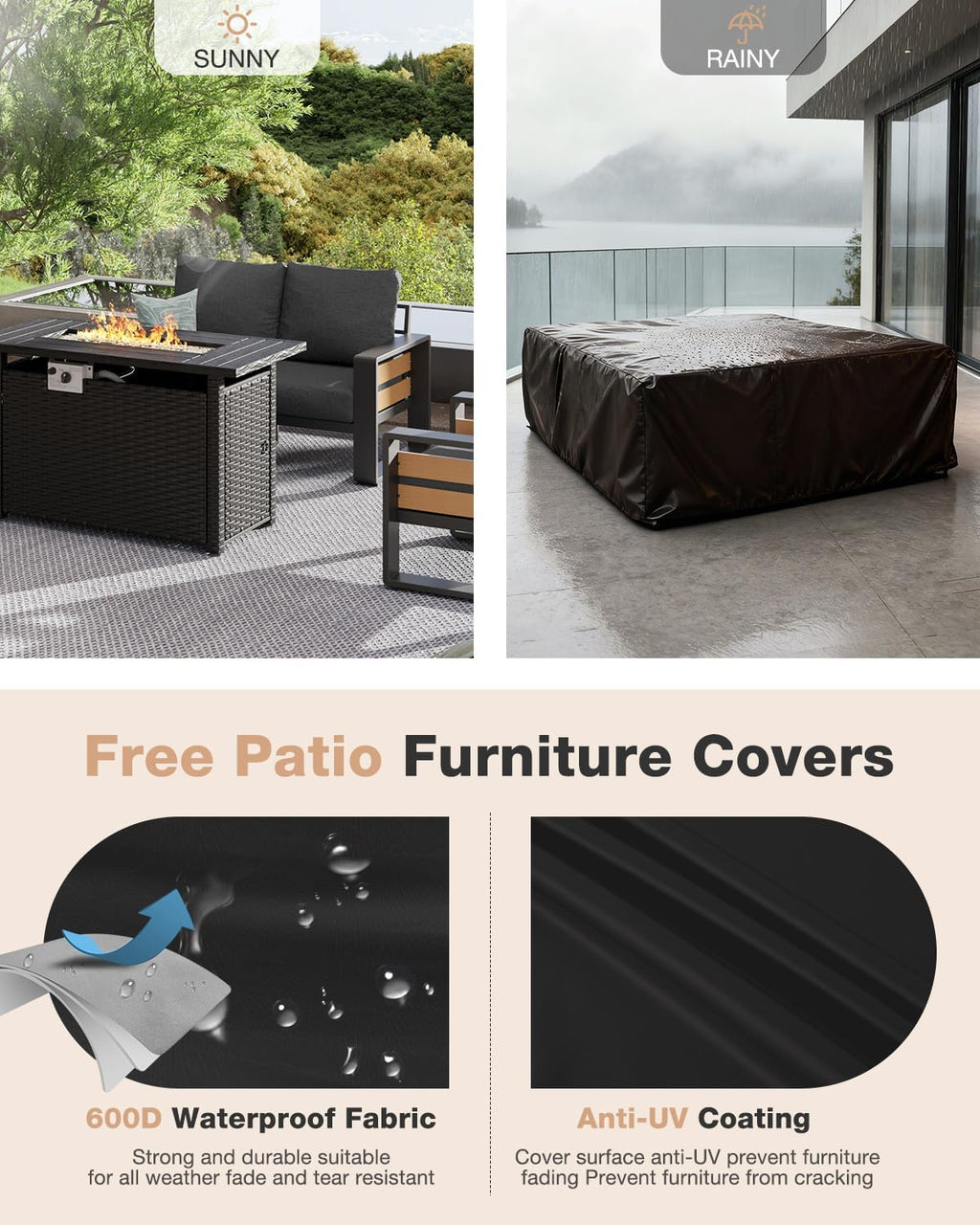 Aoxun Aluminum Patio Furniture Set with Fire Pit Table, 4 Piece Luxury Outdoor Sectional with 6' Olefin Fabric Cushions, Patio Conversation Sets with Waterproof Cover for Backyard, Porch Dark Grey