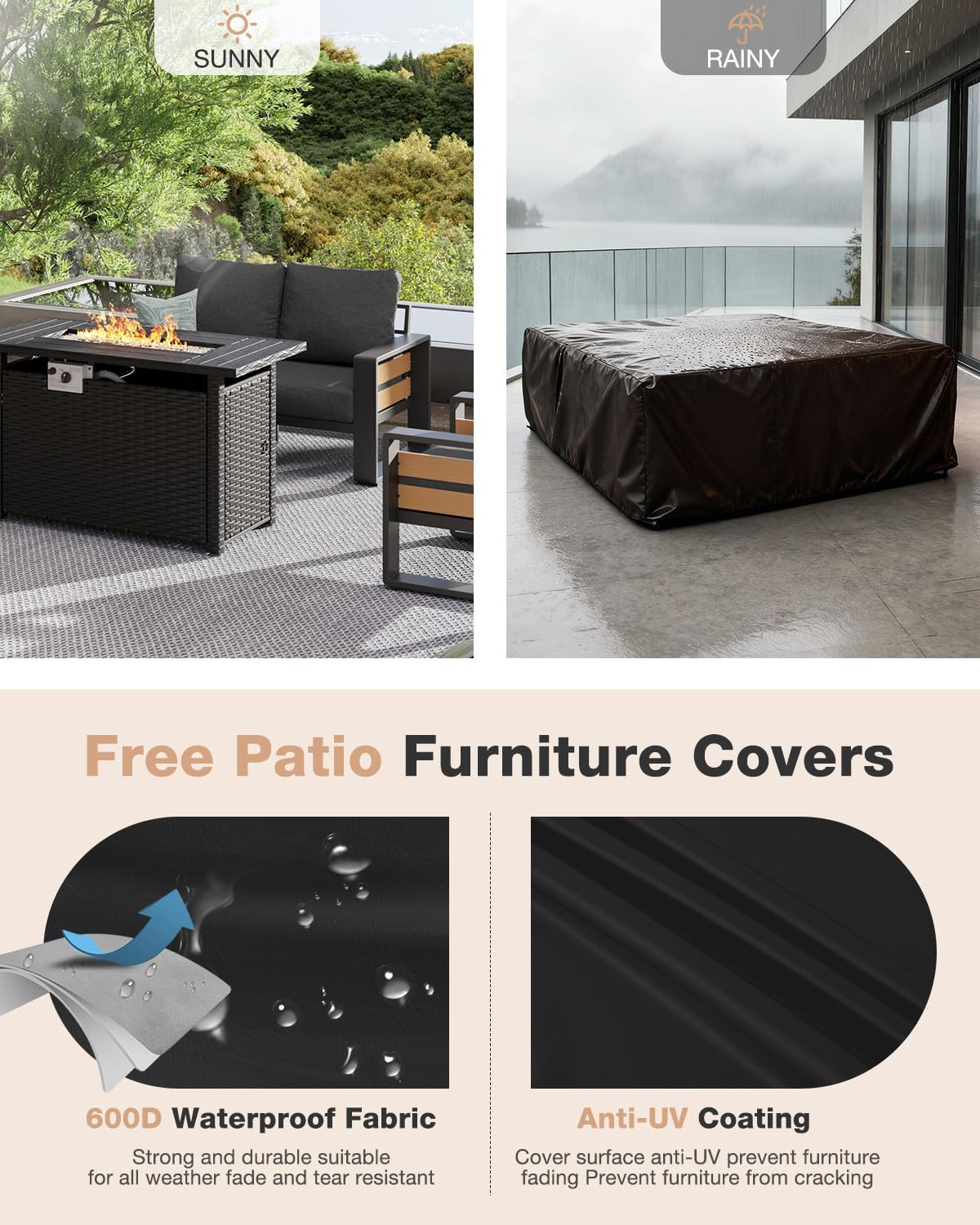 Aoxun Aluminum Patio Furniture Set with Fire Pit Table, 4 Piece Luxury Outdoor Sectional with 6' Olefin Fabric Cushions, Patio Conversation Sets with Waterproof Cover for Backyard, Porch Dark Grey