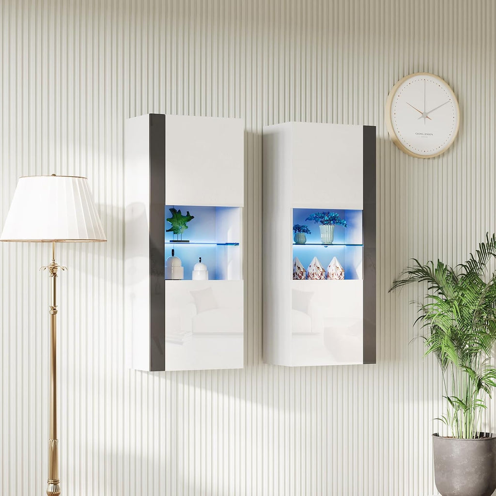AMERLIFE Wall Storage Cabinets with LED Lights, Modern High Gloss Hanging Cabinets with 4 Closed Doors & Open Glass Shelves, for Living Room/Bedroom/Office, White(Set of 2)