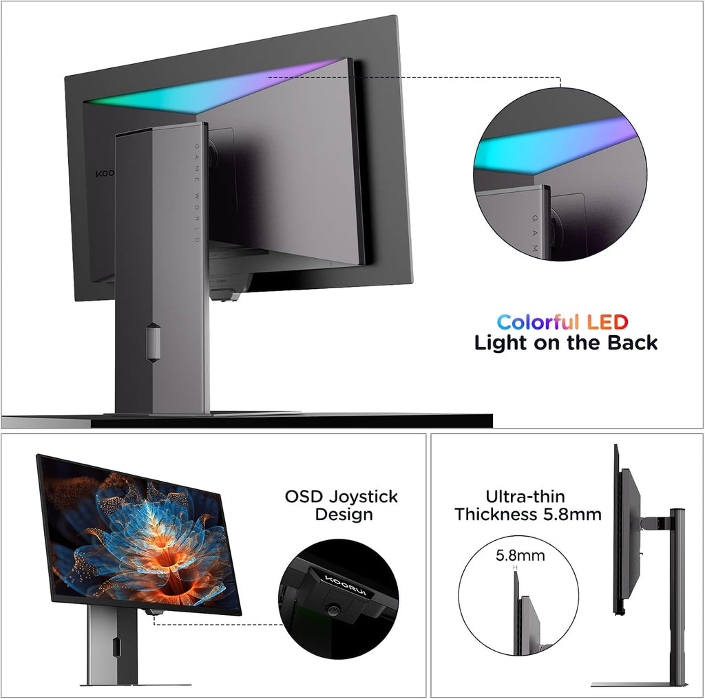 KOORUI 27 inch QD-OLED Gaming Monitor, 240Hz Monitor, 0.03ms, QHD 1440p AdaptiveSync, 99% DCI-P3, HDR True Black 400, Height/Pivot/Tilt/Swivel Adjustability, HDMI & DisplayPort VESA, Black, S2721XO