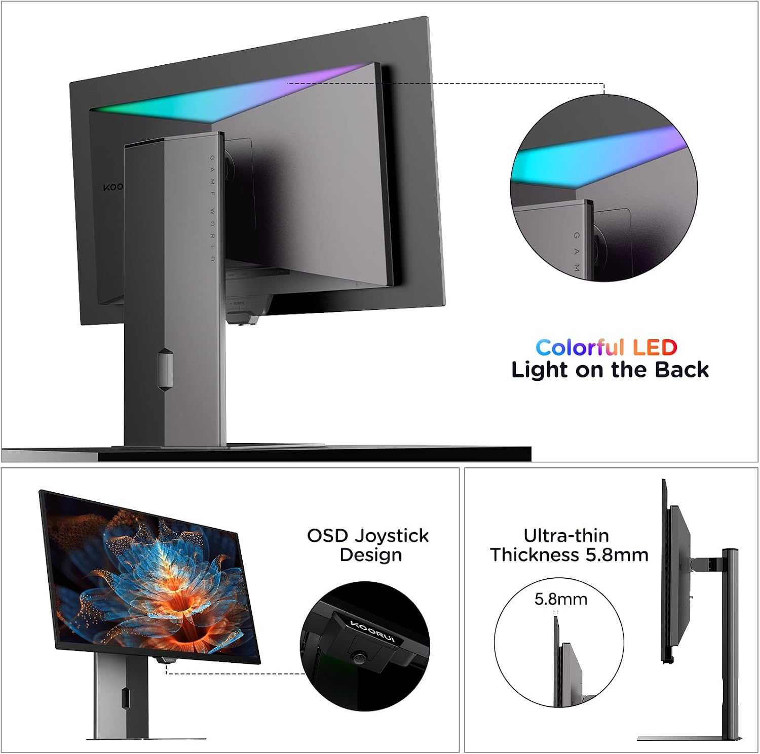 KOORUI 27 inch QD-OLED Gaming Monitor, 240Hz Monitor, 0.03ms, QHD 1440p AdaptiveSync, 99% DCI-P3, HDR True Black 400, Height/Pivot/Tilt/Swivel Adjustability, HDMI & DisplayPort VESA, Black, S2721XO
