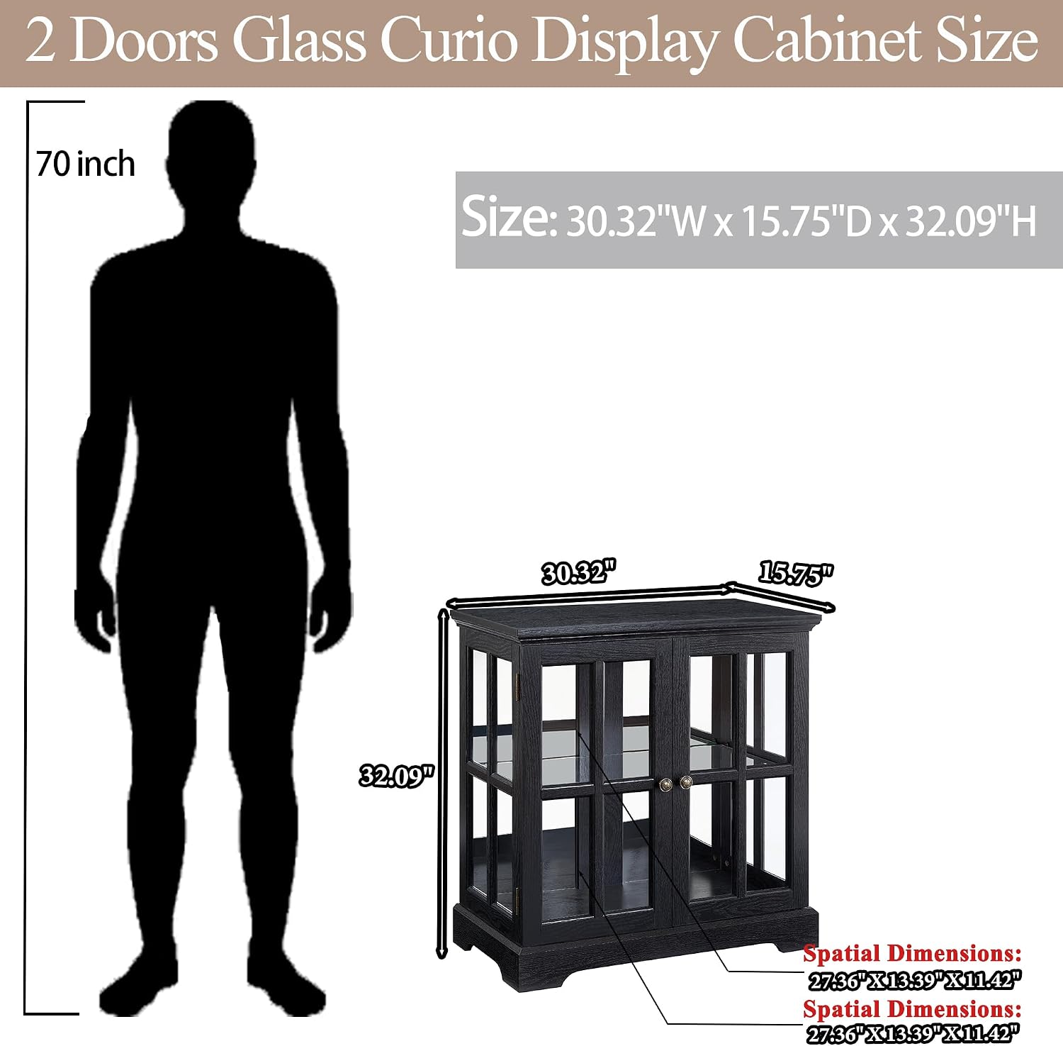 30' Glass Curio Display Storage Cabinet with LED Light, Modern 2 Lattice Doors Tableware Display Sideboard w/Adjustable Shelves, Retro Design Quality Showcase Bookcase for Home (Black)