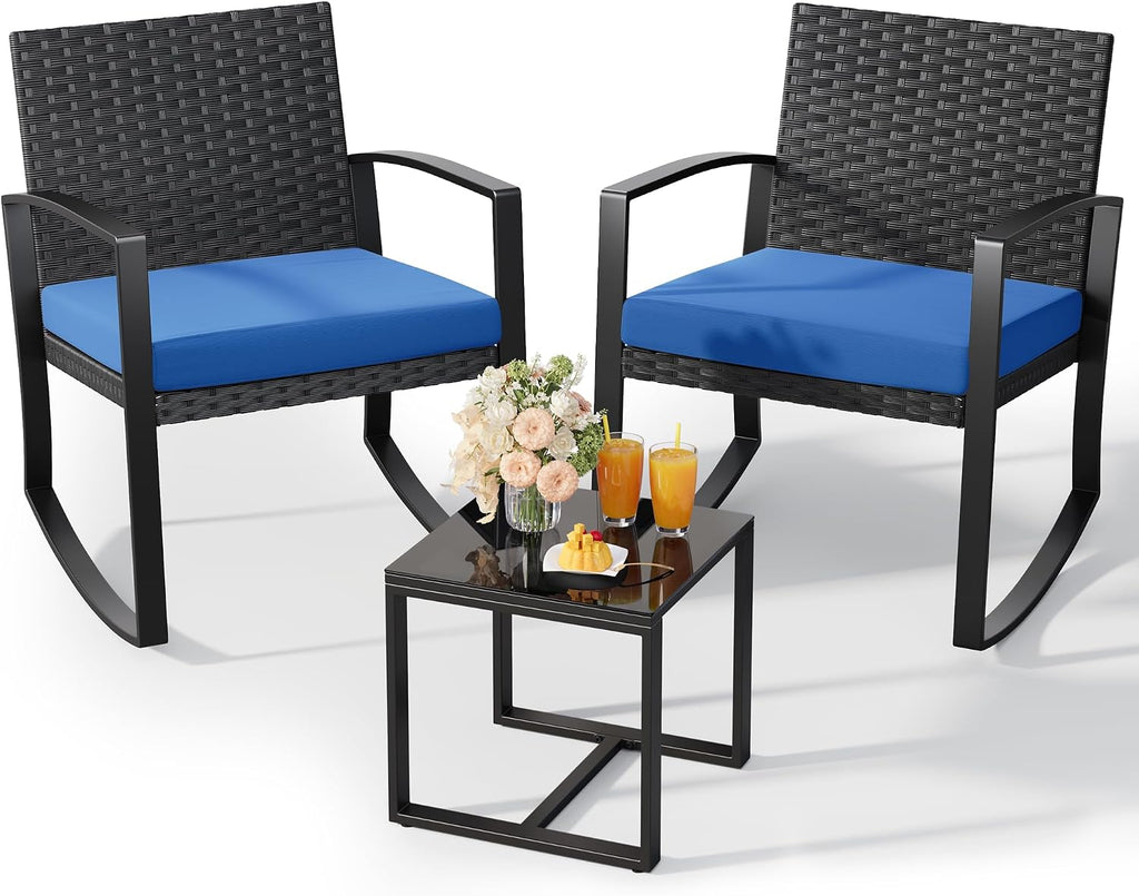 Qsun 3 Piece Patio Bistro Set Patio Furniture Set Outdoor Wicker Rocking Furniture Conversation Set with Tempered Glass Coffee Table for for Front Porch Balcony and Deck (Blue Cushion)