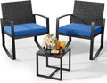 Qsun 3 Piece Patio Bistro Set Patio Furniture Set Outdoor Wicker Rocking Furniture Conversation Set with Tempered Glass Coffee Table for for Front Porch Balcony and Deck (Blue Cushion)