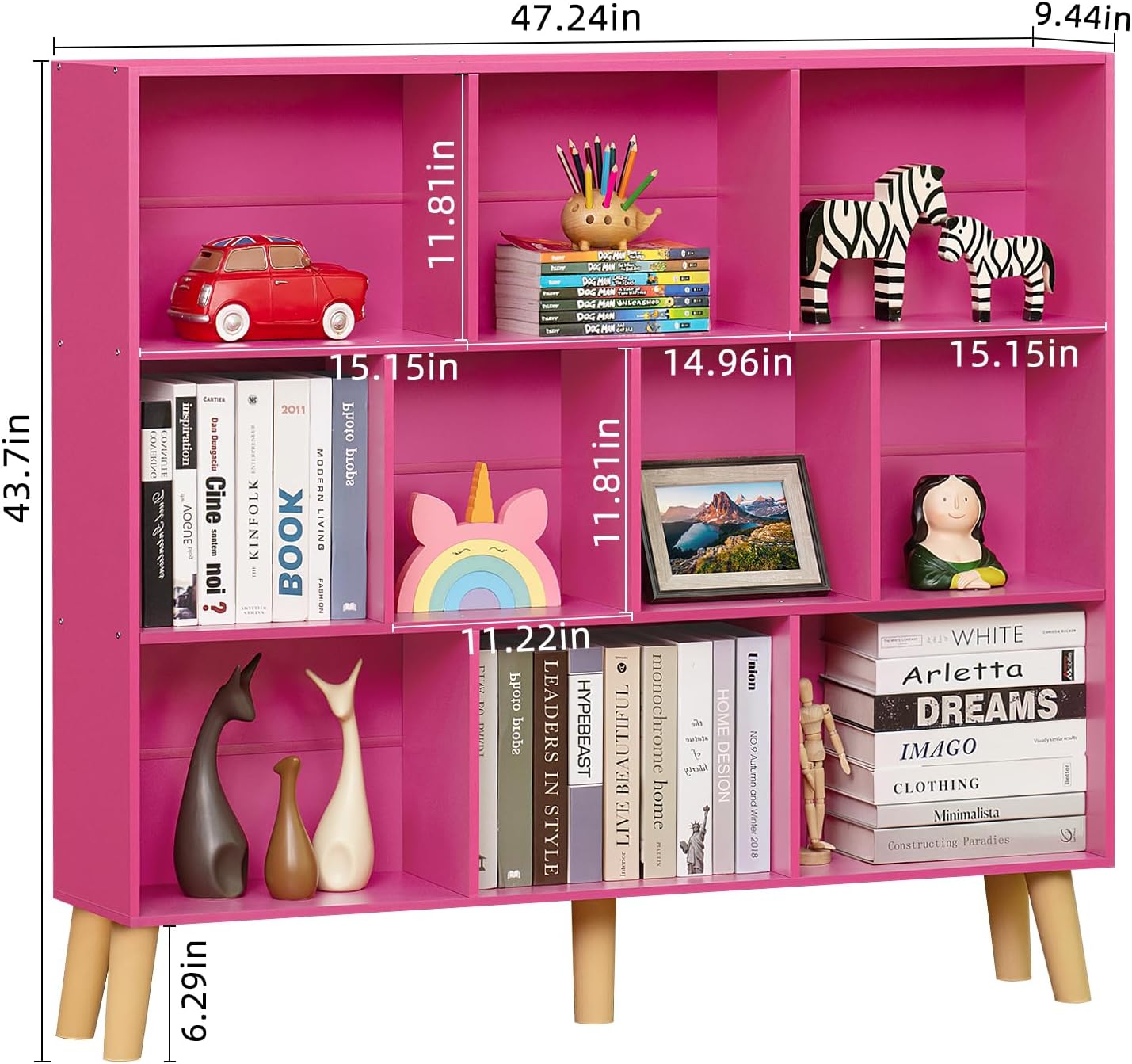 LEYAOYAO 10 Cube Bookshelf,3 Tier Modern Wide Bookcase with Legs,Mid-Century Wood Bookshelves Storage，Pink Large Book Case,Freestanding Organizer Display Shelf for Bedroom,Living Room,Office