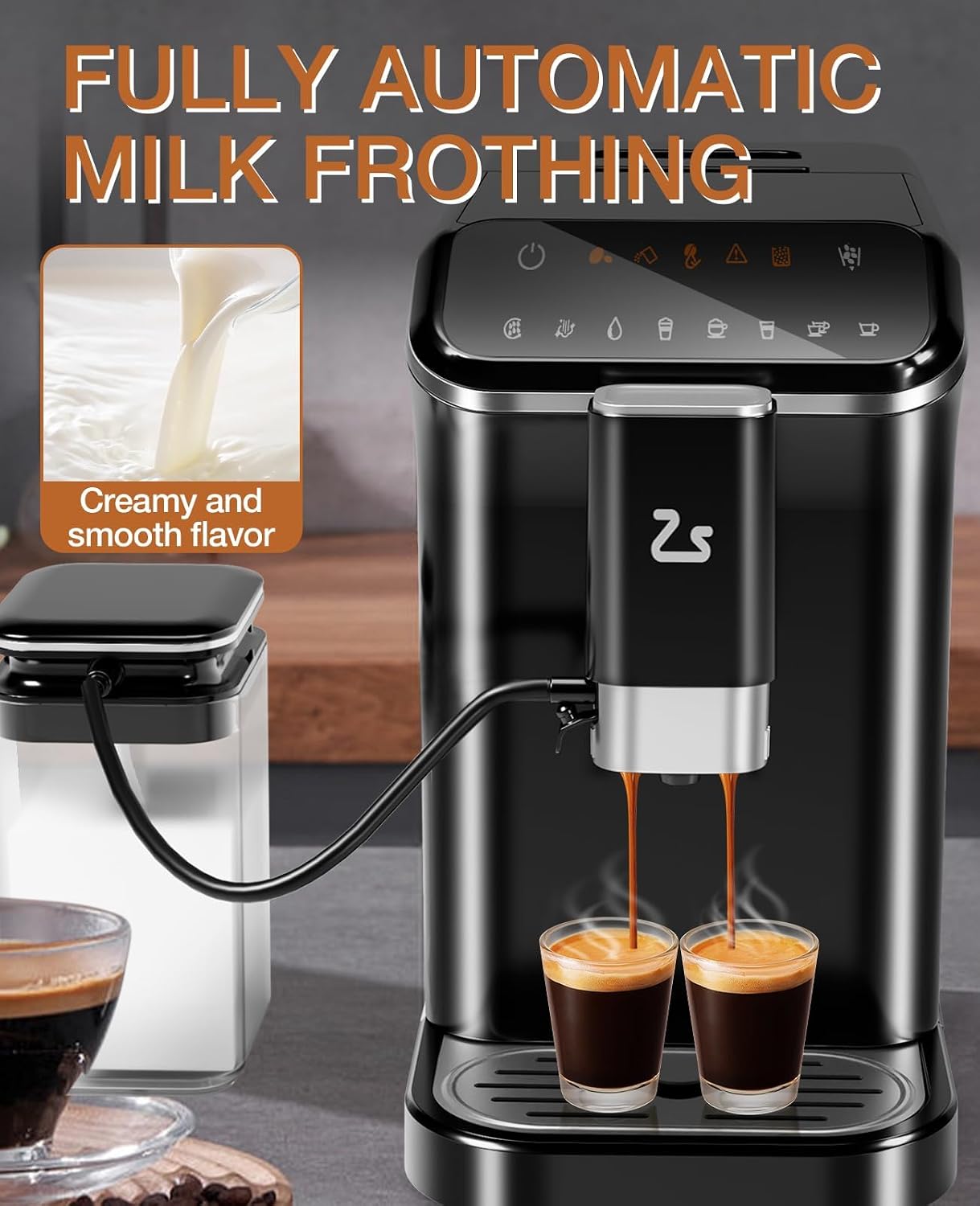GarveeLife Fully Automatic Espresso Coffee Machine with Built-In Grinder, Milk Frother, Touchscreen, 20 Bar Pump Pressure, 1.5L Detachable Water Tank, One-Touch Latte & Cappuccino Maker, 1350W Gold