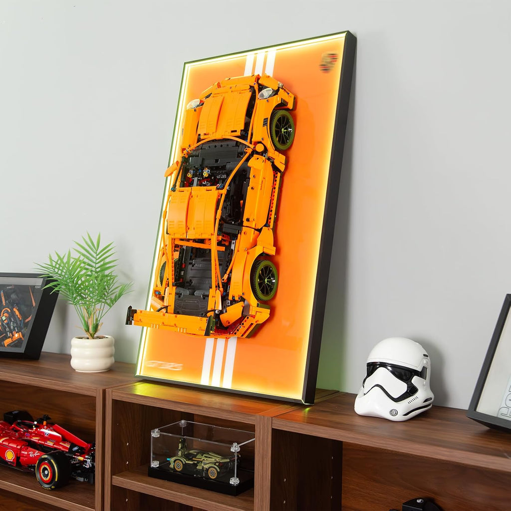 Display Wallboard with RGB LED Lights Compatible with Lego Technic 42056 Porsche 911 GT3 RS Building Kit - Adult Collectibles Wall Mount for Home or Office Décor (No Car Included)