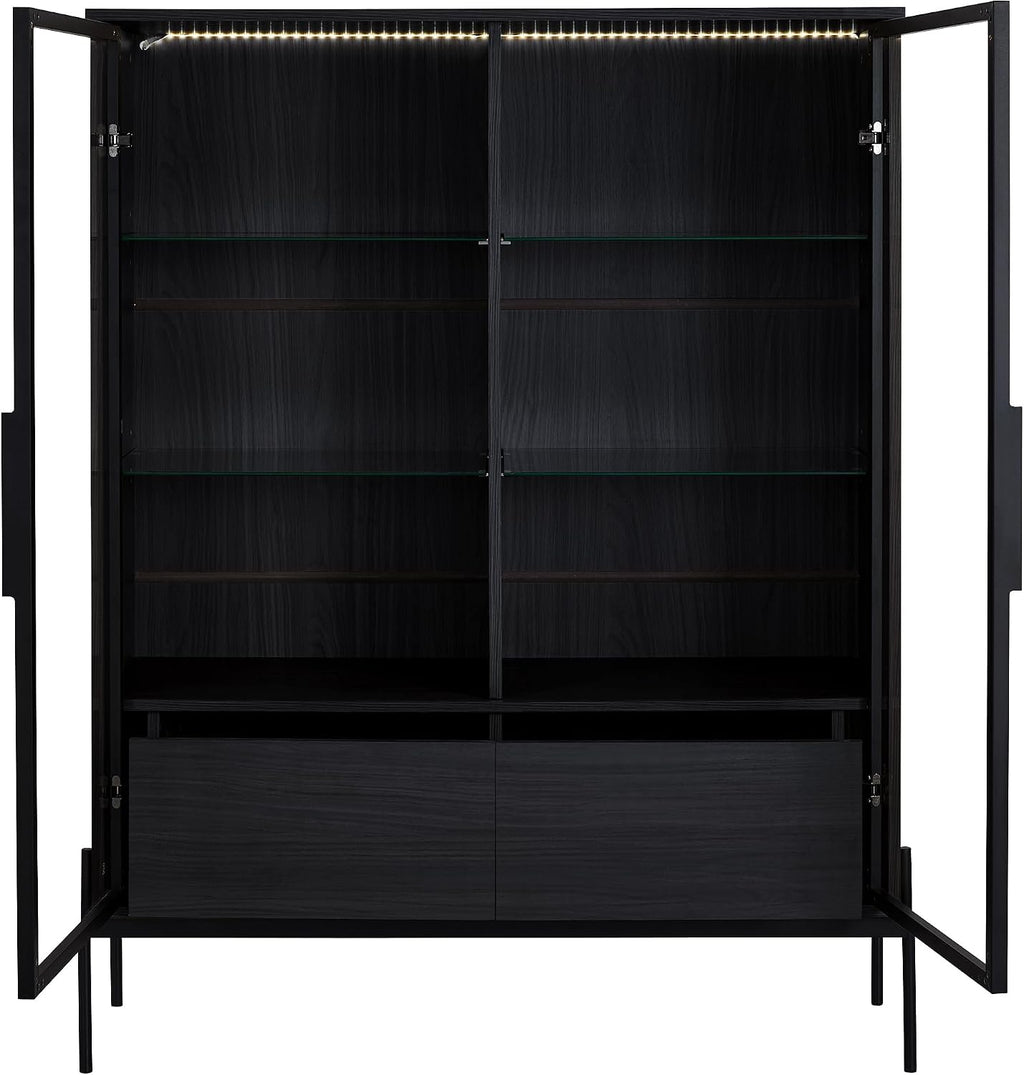 Merax 4 Tier Bookshelf Black Bookcase with Glass Door & 2 Drawers, 51.2' Tall Wood Display Cabinet with Metal Legs for Living Room, Bedroom, Office (Black)