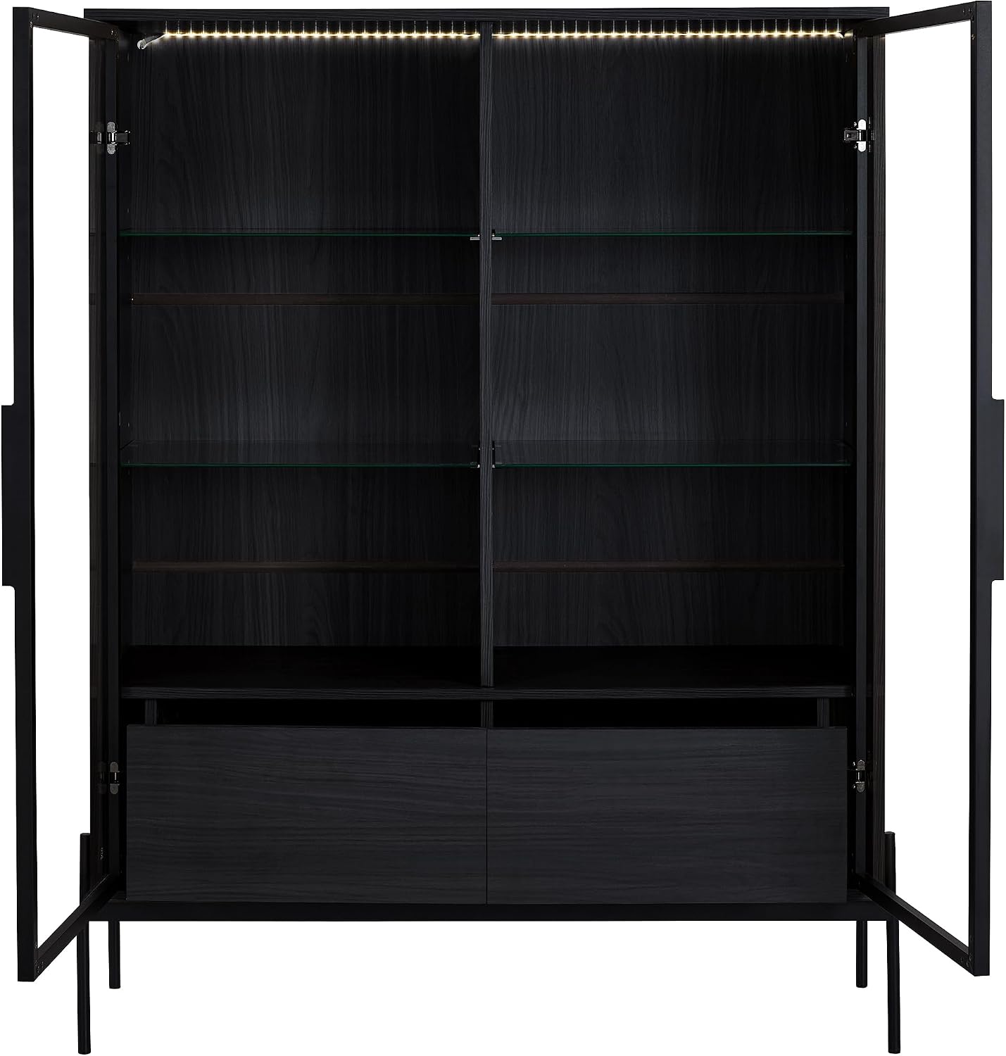 Merax 4 Tier Bookshelf Black Bookcase with Glass Door & 2 Drawers, 51.2' Tall Wood Display Cabinet with Metal Legs for Living Room, Bedroom, Office (Black)
