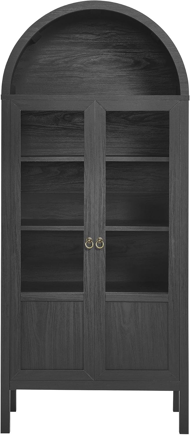 Modway Tessa Arched 71 Inch Tall Arched Storage Display Cabinet in Black Wood Grain - 4-Tier Bookcase with Glass Doors and Shelves - Arch Accent Cabinet for Living Room, Dining Room
