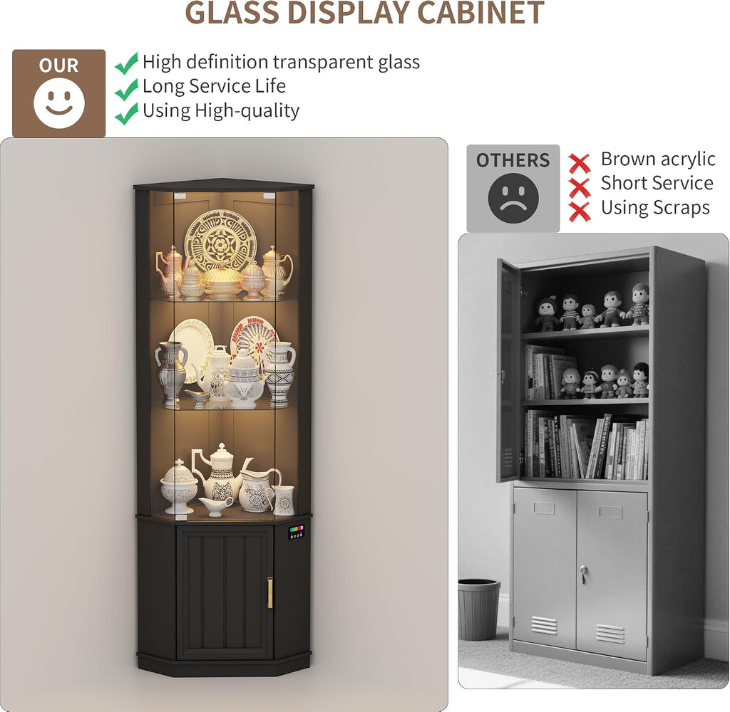 Lvifur 69' Corner Glass Display Cabinet with RGB Lights,3-Tier Movable Glass Shelves,Curio Display with Human Body Sensor,Bookcase with Storage Cabinet for Toys,Books,Collectibles,Liquor,Black