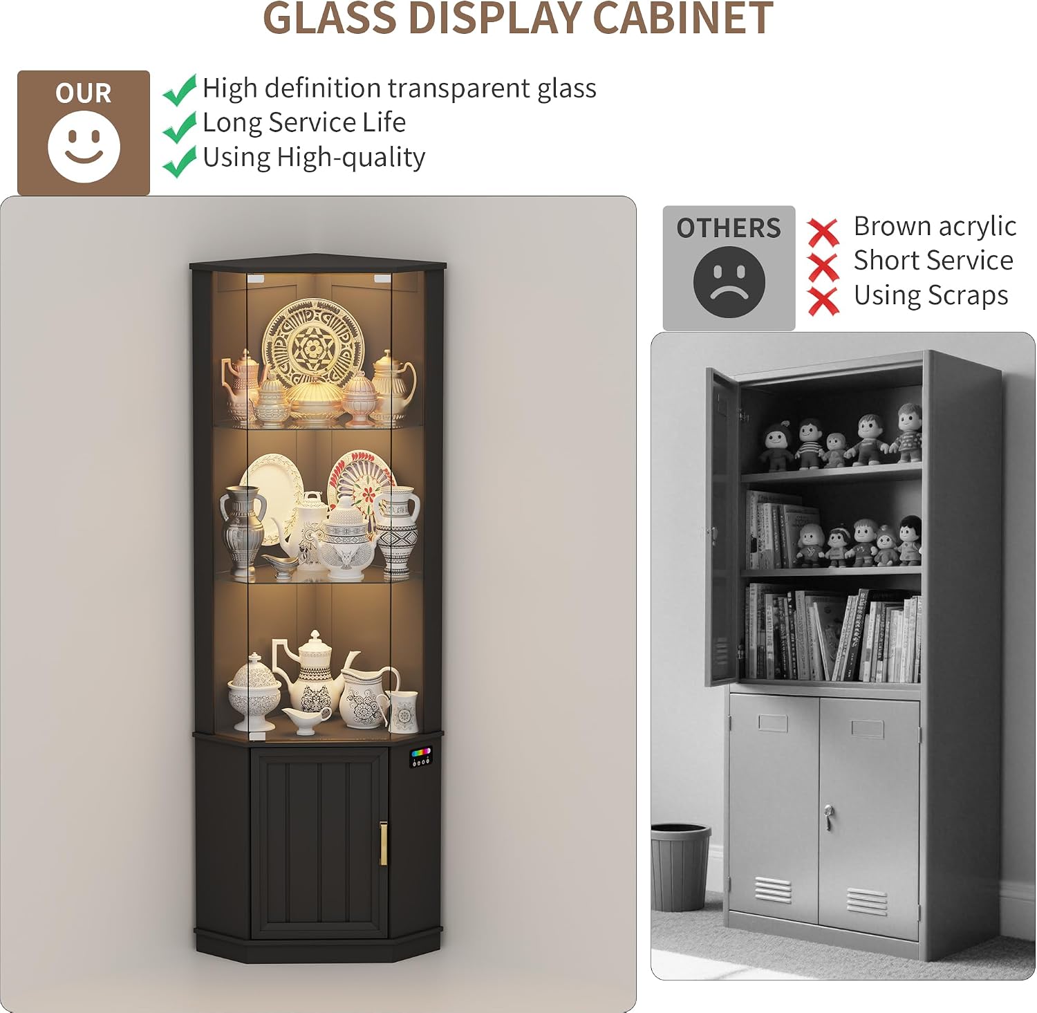 Lvifur 69' Corner Glass Display Cabinet with RGB Lights,3-Tier Movable Glass Shelves,Curio Display with Human Body Sensor,Bookcase with Storage Cabinet for Toys,Books,Collectibles,Liquor,Black