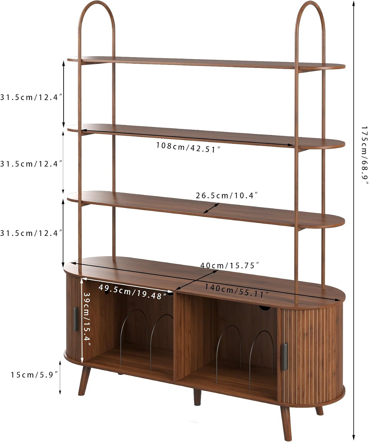 Tall Large Vinyl Record Player Stand, Fluted Long Record Storage Cabinet with Sliding Doors, Mid Century Modern Bookshelf, 4 Tier Media Display Shelf, Arched Turntable Stand for Living Room, Walnut