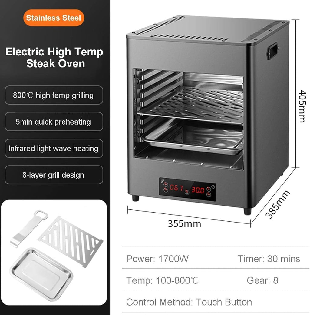 1700W Smokeless Electric Steak Broiler, Portable Indoor BBQ Grill with Timer & Temp Controller, Stainless Steel Steak Cooking Machine for Meat Burger Pizza (1 Grill+1 Tray+1 Clip),C